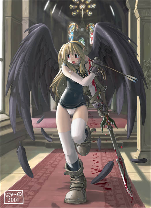 nyanko batake, original, white legwear, 1girl, angel, angel wings, armored gloves, arrow (projectile), arrow in arm, arrow in body, black feathers, black headband, black shirt, black socks, black wings, bleeding, blonde hair, blood, blood on arm, blood on ground, bloody sword, bloody weapon, chain, chain leash, church, collar, cuffs, feathered wings, feathers, fingerless gloves, gloves, headband, injury, leash, leather collar, leather cuffs, long glove, long hair, open mouth, panties, pointy ears, red eyes, running, shirt, socks, socks over thighhighs, stained glass, sword, thighhighs, tight clothes, tight shirt, underwear, weapon, white panties, wings, wrist belt, wrist cuffs