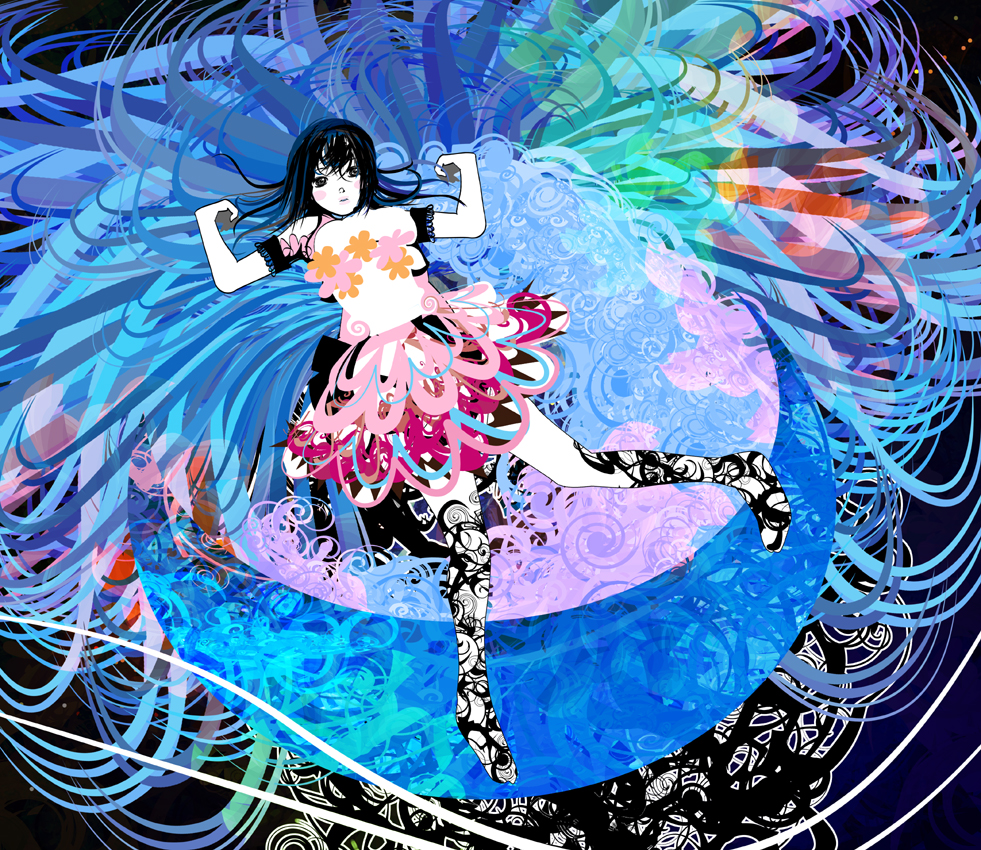 kazaana, original, abstract, black hair, colorful, dress, flower, legs, long hair, lying, on back, psychedelic, solo