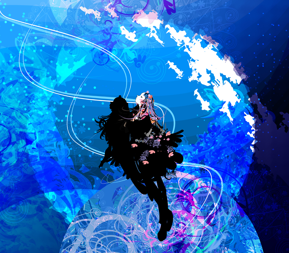 kazaana, original, abstract, back, blue theme, closed eyes, colorful, dress, flower, long hair, multicolored hair, psychedelic, solo, star (symbol)