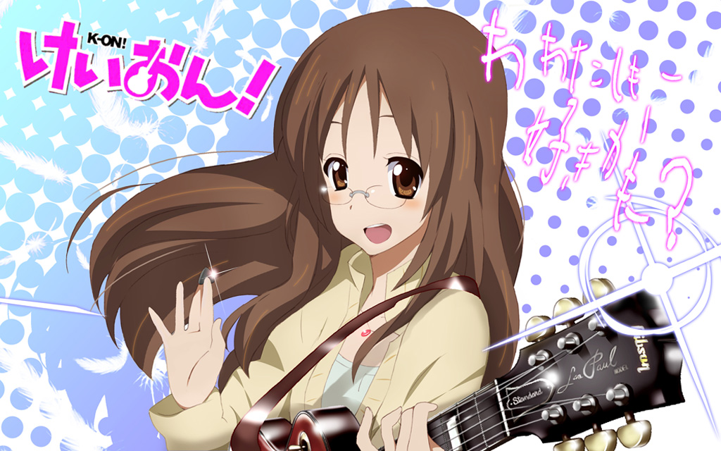 jet yowatari, yamanaka sawako, gibson, k-on!, bad id, bad pixiv id, translation request, 00s, 1girl, brown eyes, brown hair, feathers, female focus, gibson les paul, glasses, guitar, halftone, halftone background, instrument, jewelry, long hair, necklace, plectrum, solo