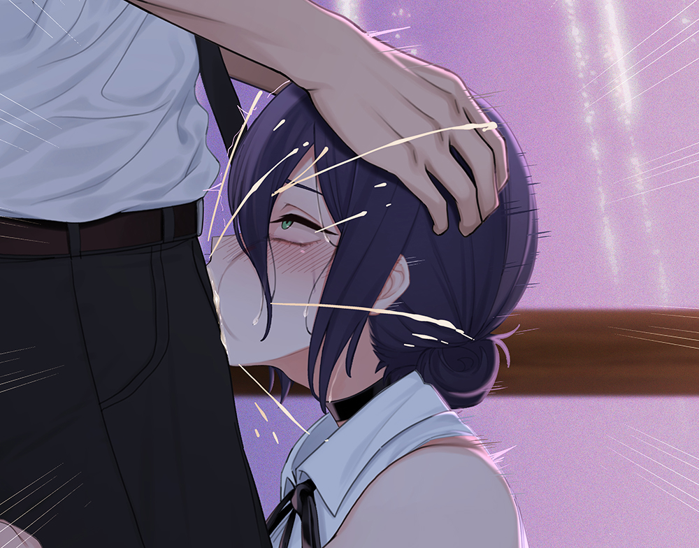 jjanda, denji (chainsaw man), reze (chainsaw man), chainsaw man, 1boy, 1girl, breasts, fellatio, fireworks, hair bun, hetero, irrumatio, large breasts, medium hair, oral, penis