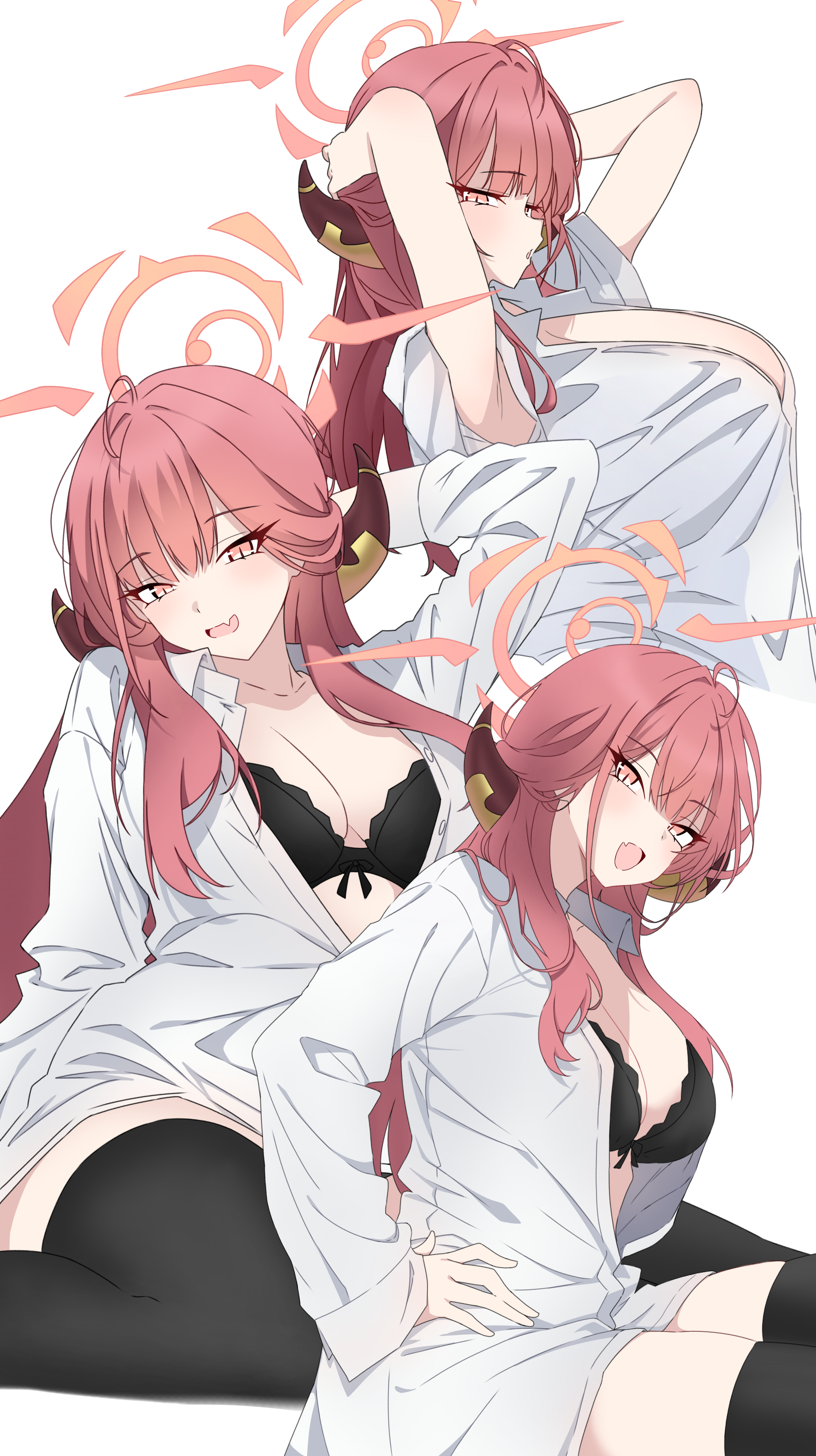 m1kku 76, aru (blue archive), blue archive, absurdres, commentary, highres, 1girl, black bra, bra, breasts, brown horns, cleavage, demon horns, dress shirt, fang, halo, horns, large breasts, long hair, long sleeves, low horns, multiple views, orange eyes, orange halo, oversized clothes, oversized shirt, partially open shirt, pink hair, shirt, simple background, skin fang, solo focus, thighhighs, underwear, white background, white shirt