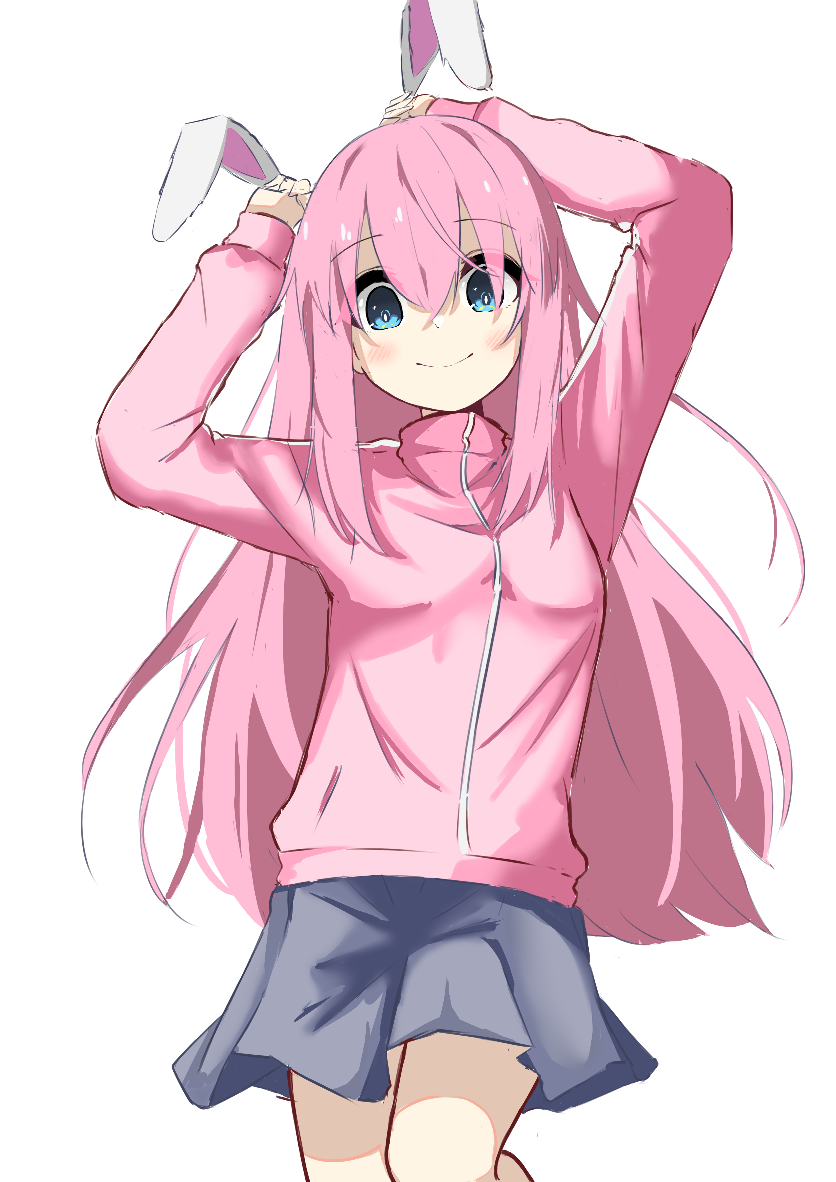 auhuheben17, gotoh hitori, bocchi the rock!, absurdres, highres, 1girl, animal ears, blue eyes, cowboy shot, jacket, light blush, looking at viewer, pink hair, pink jacket, rabbit ears, skirt, smile, solo, track jacket