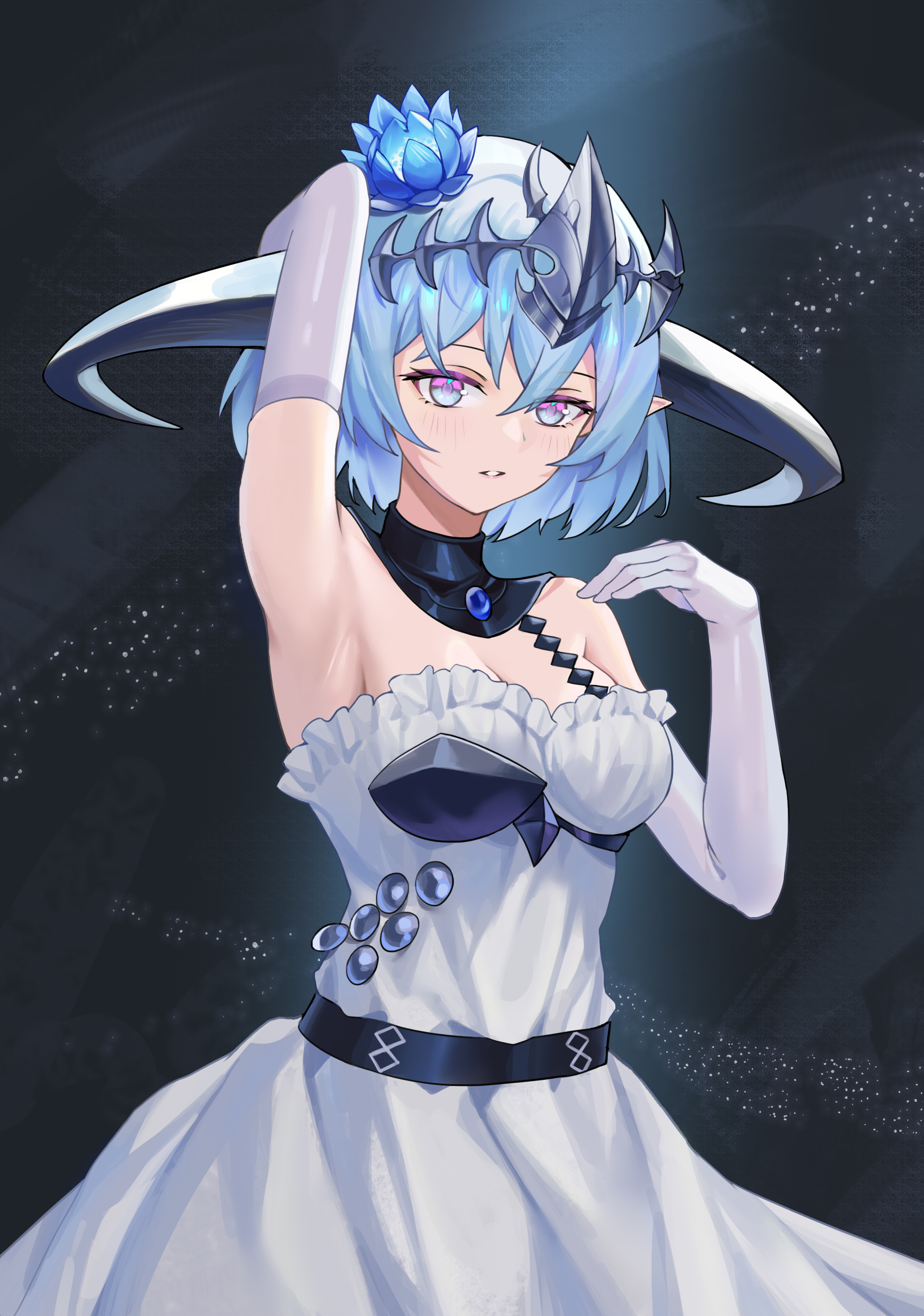 nizz, filene (shadowverse), shadowverse, shadowverse: worlds beyond, absurdres, commentary request, highres, 1girl, aqua hair, armor, armpits, blue flower, blush, breastplate, breasts, cleavage, collarbone, dragon girl, dress, elbow gloves, flower, gloves, headpiece, looking at viewer, medium breasts, parted lips, pink eyes, presenting armpit, short hair, solo, strapless, strapless dress, white dress, white gloves