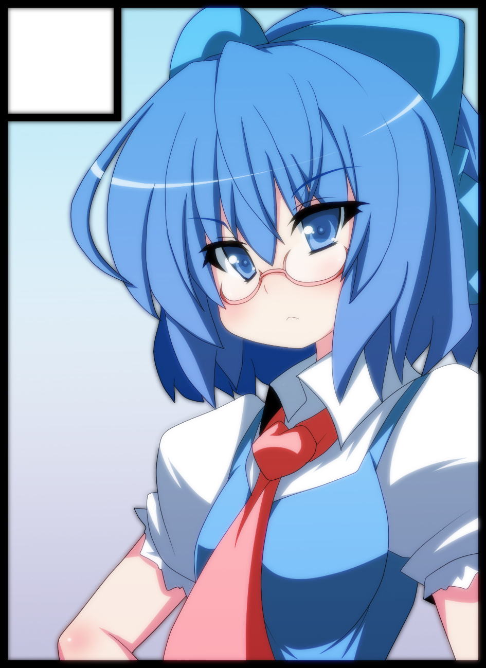 oborotsuki kakeru, cirno, embodiment of scarlet devil, touhou, highres, 1girl, :<, ahoge, bespectacled, black border, blue eyes, border, bow, circle cut, female focus, glasses, hair bow, necktie, solo