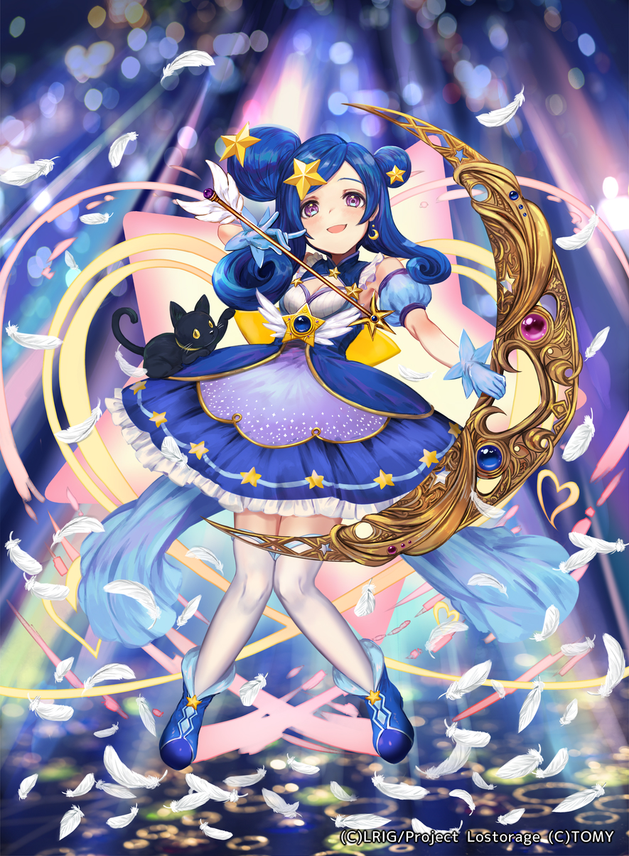 dqn (dqnww), milulun (wixoss), wixoss, highres, official art, 1girl, arrow (projectile), blue dress, blue gloves, blue hair, blue shoes, bow (weapon), cat, copyright notice, crescent, crescent earrings, double bun, dress, earrings, frilled dress, frills, gloves, hair bun, hair ornament, holding, holding arrow, holding bow (weapon), holding weapon, jewelry, looking at viewer, medium hair, open mouth, purple eyes, shoes, smile, solo, star (symbol), star hair ornament, thighhighs, twintails, weapon, white thighhighs