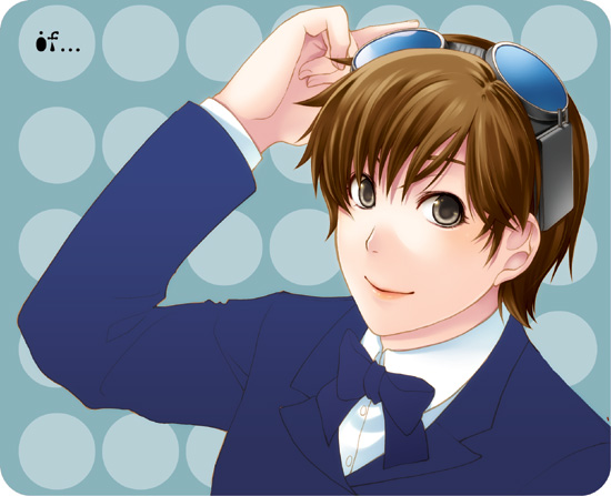 hiyoshi hana, m world, tamaki uchida, uchida tamaki, atlus, shin megami tensei, shin megami tensei: if…, bad id, bad pixiv id, 1girl, blazer, bow, brown eyes, brown hair, female focus, goggles, jacket, polka dot, short hair, smile, solo