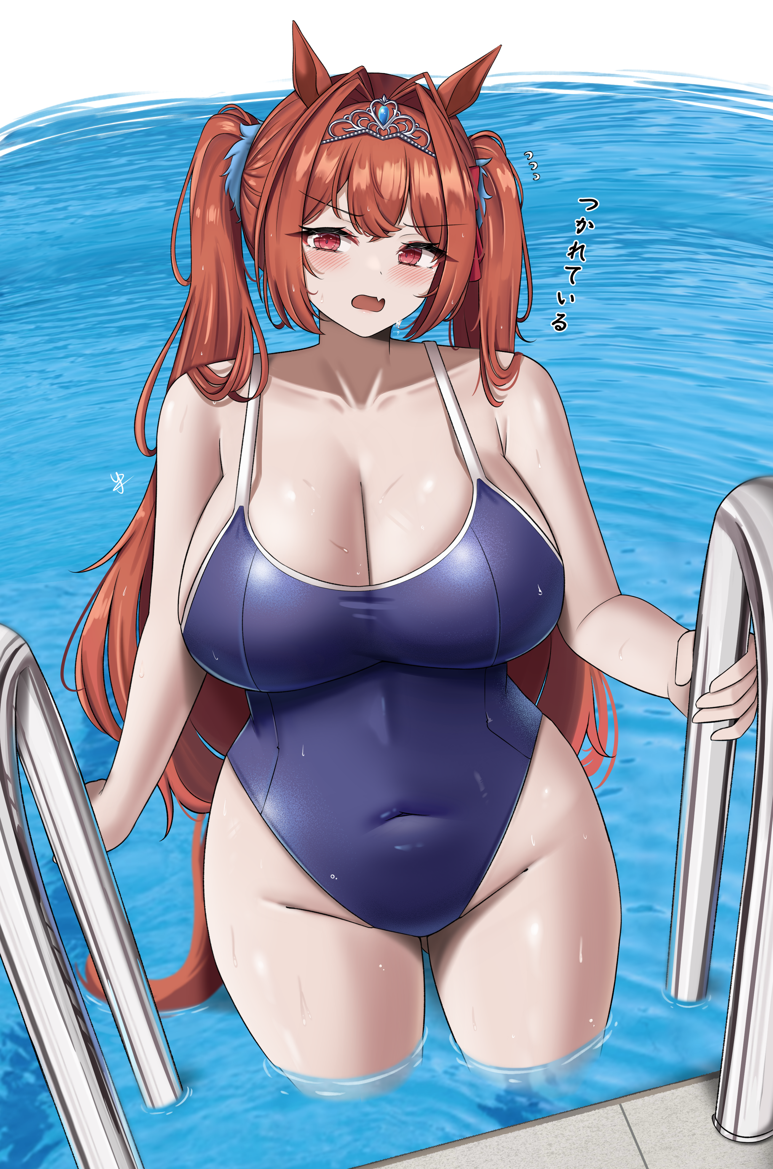yukaraishin, daiwa scarlet (umamusume), umamusume, absurdres, commentary, highres, translation request, 1girl, alternate breast size (larger), alternate costume, animal ears, blue background, blue one-piece swimsuit, blush, breasts, brown hair, cleavage, collarbone, covered navel, double-parted bangs, fang, flying sweatdrops, groin, hair intakes, horse ears, horse girl, horse tail, huge breasts, long hair, looking at viewer, one-piece swimsuit, open mouth, pool, red eyes, silver tiara, skin fang, solo, swimsuit, tail, thighs, twintails, very long hair, wading, water, wet