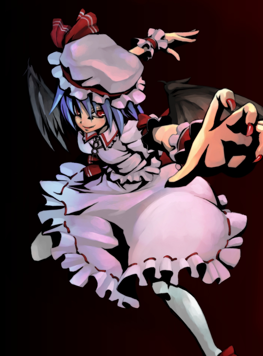 morino hon, remilia scarlet, touhou, 1girl, bat wings, blue hair, female focus, gradient background, hat, red eyes, short hair, skirt, solo, vampire, wings