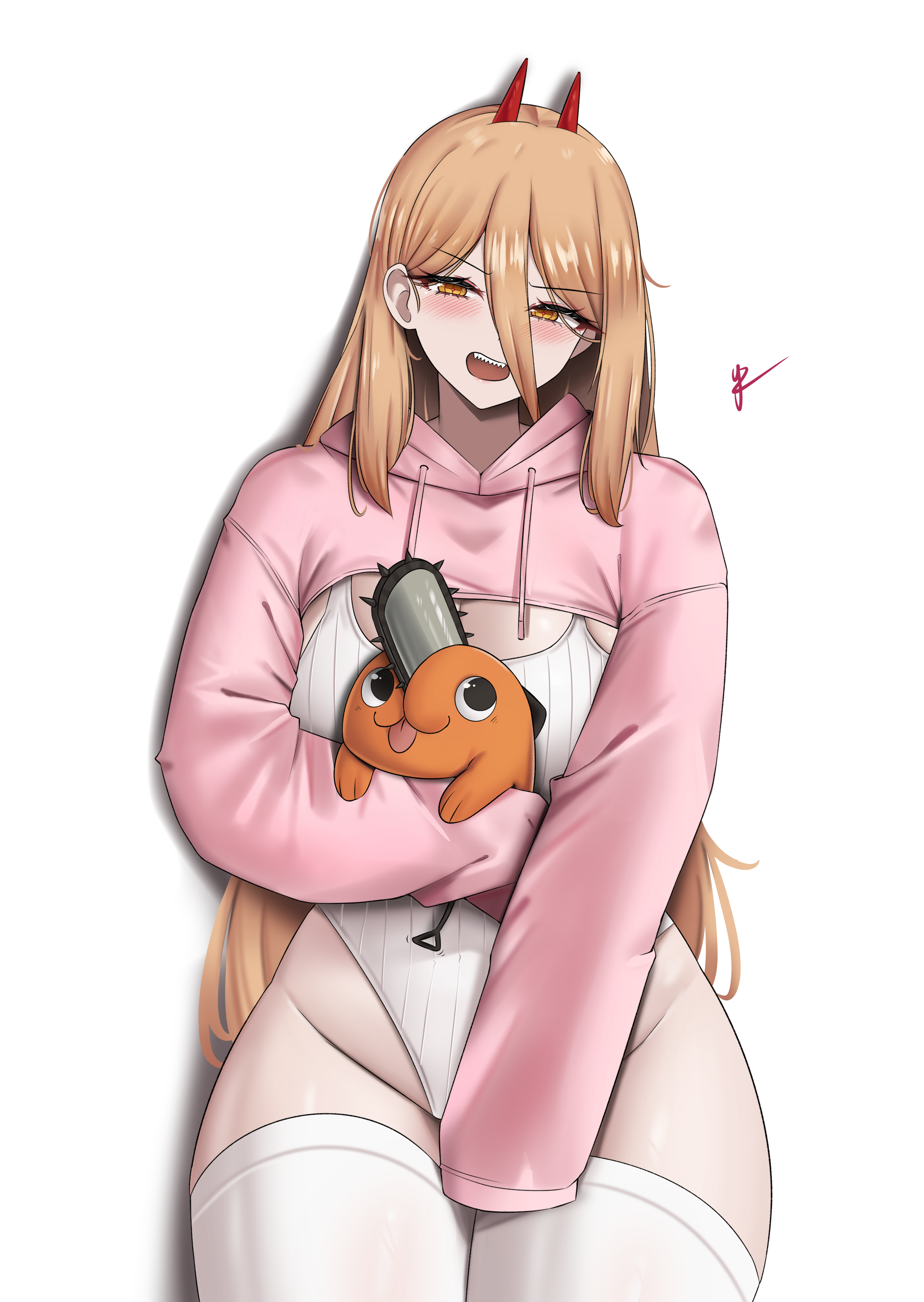 yukaraishin, pochita (chainsaw man), power (chainsaw man), chainsaw man, absurdres, commentary, english commentary, highres, 1girl, animal, blonde hair, blush, breasts, chainsaw, cowboy shot, cross-shaped pupils, demon girl, demon horns, dog, double-parted bangs, hair between eyes, holding, holding animal, holding dog, hood, hood down, hooded shrug, horns, leotard, long hair, long hair between eyes, long sleeves, looking at viewer, no pants, open mouth, pink shrug, red horns, ribbed leotard, sharp teeth, shrug (clothing), simple background, sleeves past fingers, sleeves past wrists, solo focus, symbol-shaped pupils, teeth, thick thighs, thighhighs, thighs, white leotard, white thighhighs, yellow eyes