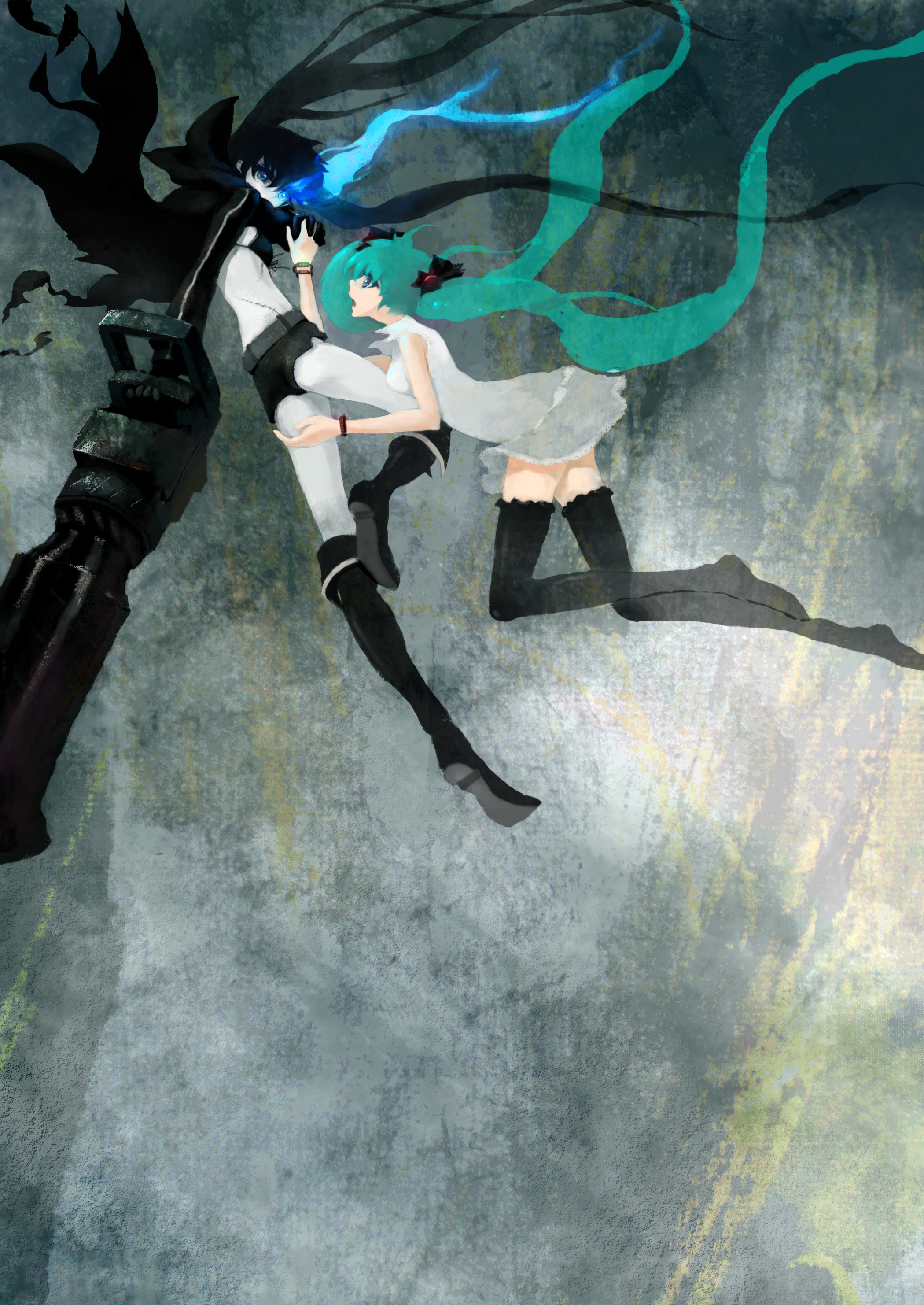 kisetsu, black rock shooter (character), hatsune miku, black rock shooter, vocaloid, world is mine (vocaloid), absurdres, bad id, bad pixiv id, highres, 10s, aqua hair, arm cannon, belt, bikini, bikini top only, black hair, blue eyes, boots, cape, dress, glowing, glowing eyes, gun, hair ribbon, holding hands, huge weapon, long hair, midriff, navel, pale skin, ribbon, scar, shorts, swimsuit, thighhighs, twintails, very long hair, weapon, zettai ryouiki