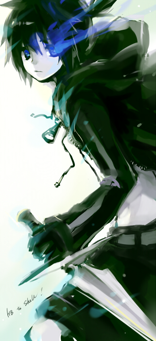 i-riya, black rock shooter (character), kagamine len, black rock shooter, vocaloid, bad id, bad pixiv id, 1boy, alternate color, alternate costume, black hair, black rock shooter (cosplay), blue eyes, cosplay, glowing, glowing eyes, knife, male focus, shorts, solo