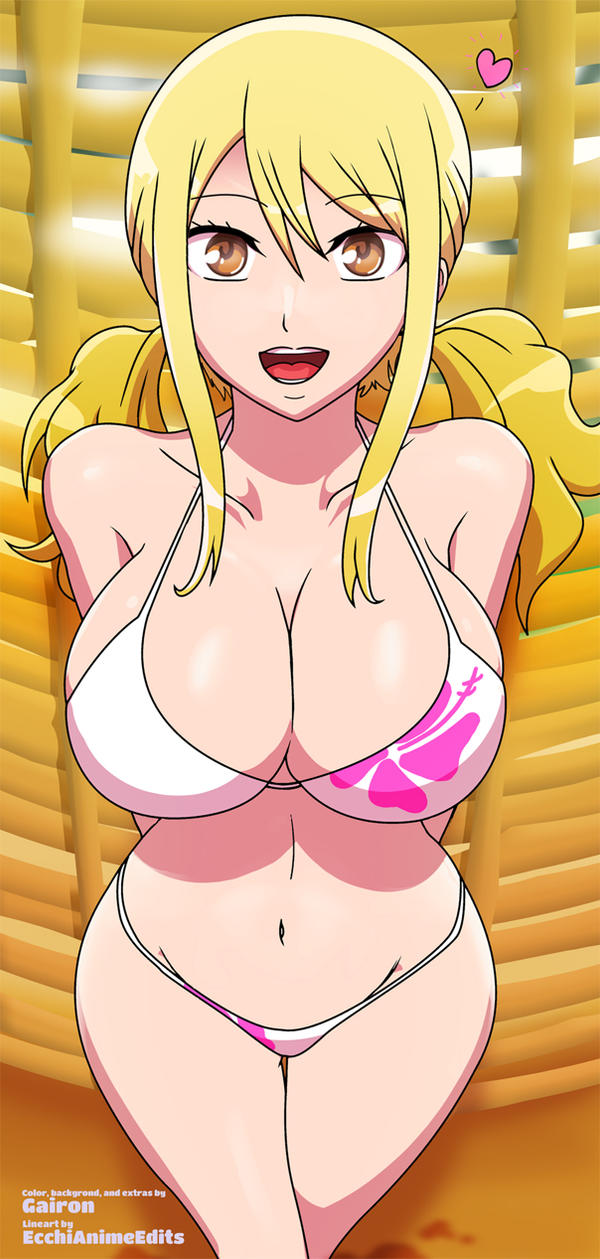 gairon, lucy heartfilia, fairy tail, highres, 1girl, arms behind back, bare legs, bikini, blonde hair, breasts, brown eyes, cleavage, curvy, female focus, heart, large breasts, looking at viewer, medium hair, navel, solo, swimsuit, thigh gap, twintails, wide hips