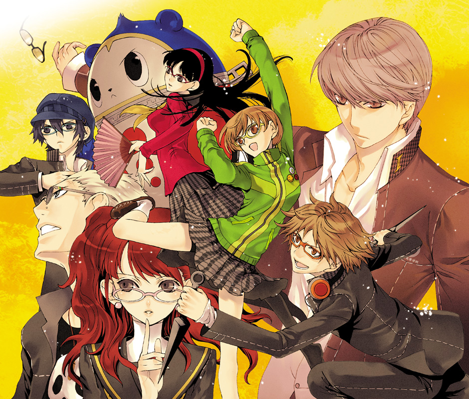 p-kana, amagi yukiko, hanamura yousuke, kujikawa rise, kuma (persona 4), narukami yu, satonaka chie, shirogane naoto, tatsumi kanji, atlus, persona, persona 4, silver hair, bad id, bad pixiv id, 3boys, 4girls, black hair, blue hair, brown hair, fighting stance, glasses, hand fan, hat, headphones, houndstooth, jacket, kicking, kunai, multiple boys, multiple girls, newsboy cap, pantyhose, pleated skirt, red hair, school uniform, serafuku, skirt, track jacket, twintails, weapon, zipper
