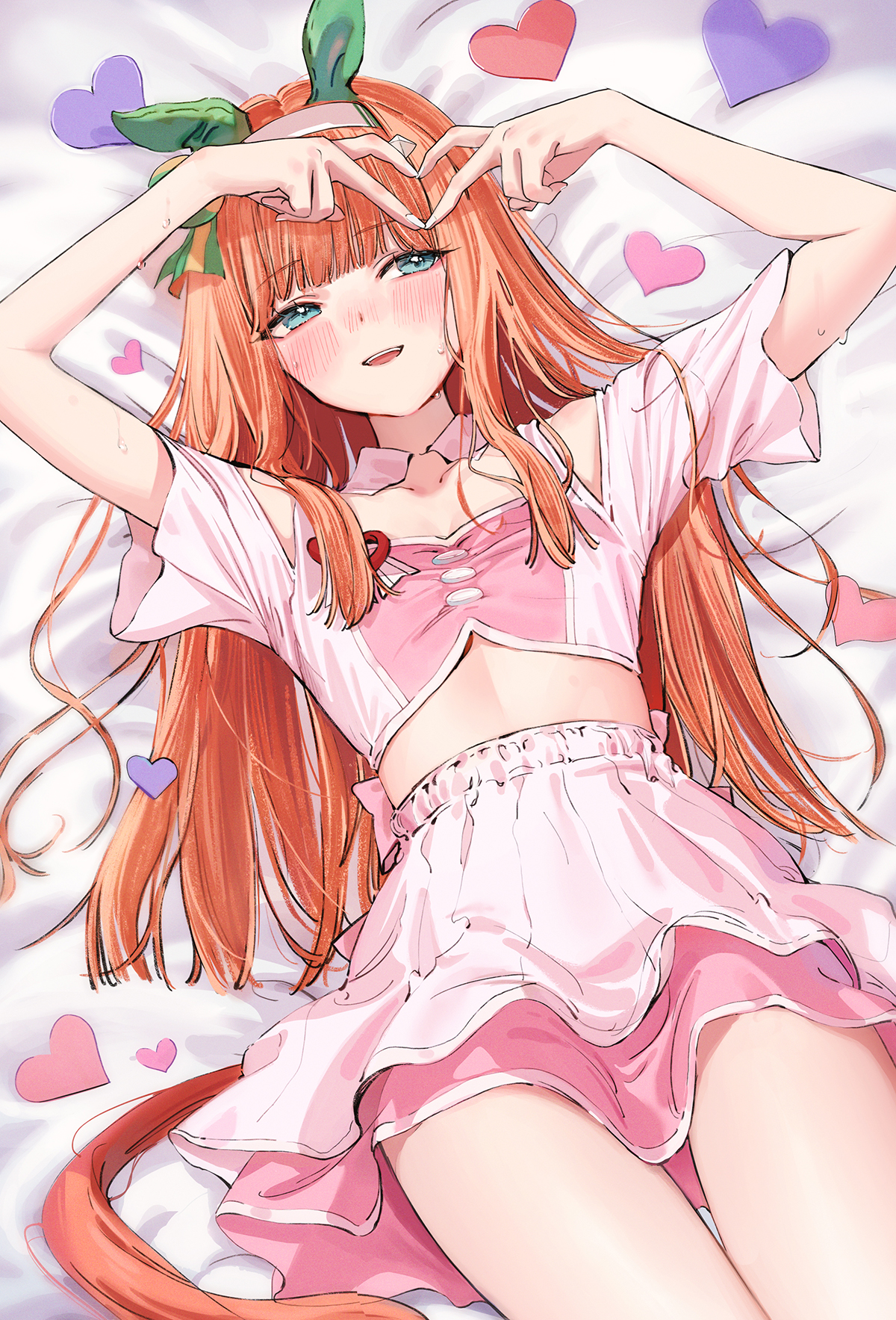 emyo, silence suzuka (umamusume), umamusume, commentary request, highres, 1girl, animal ears, aqua eyes, bare shoulders, bed sheet, blunt bangs, blush, clothing cutout, crop top, cropped shirt, ear covers, ear ornament, four-finger heart hands, heart, heart hands, horse ears, horse girl, horse tail, layered skirt, long hair, lying, meni shuki rush-sshu!, midriff, official alternate costume, on back, on bed, open mouth, orange hair, pink shirt, pink skirt, shirt, shoulder cutout, skirt, smile, solo, tail, thighs