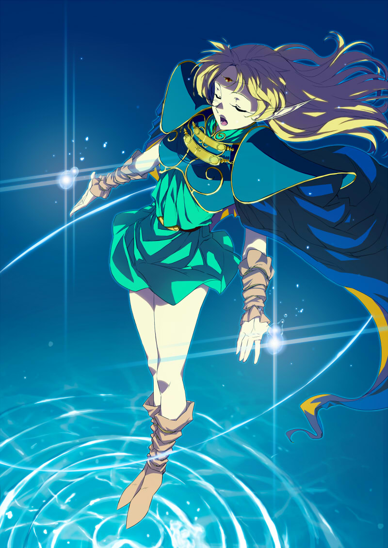 yangsion, deedlit, record of lodoss war, 1girl, armor, blonde hair, boots, cape, circlet, closed eyes, dress, elf, female focus, floating, long hair, magic, open mouth, pointy ears, ripples, short dress, shoulder pads, solo, standing, standing on liquid, water