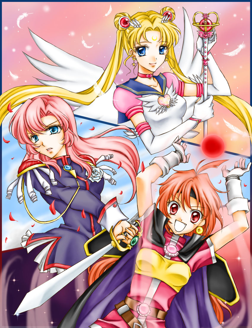 sorano namida, eternal sailor moon, lina inverse, sailor moon, tenjou utena, tsukino usagi, bishoujo senshi sailor moon, bishoujo senshi sailor moon sailor stars, bishoujo senshi sailor moon stars, shoujo kakumei utena, slayers, bad id, bad pixiv id, 1990s (style), 3girls, aiguillette, blonde hair, blue eyes, blue sailor collar, brooch, bun cover, cape, choker, crescent, crescent facial mark, crescent moon, crossover, double bun, earrings, elbow gloves, epaulettes, facial mark, fang, feathers, flower, gloves, hair bun, hair ornament, hairclip, headband, heart, heart brooch, jewelry, lipstick, long hair, magic, makeup, moon, multiple crossover, multiple girls, open mouth, petals, pink hair, red eyes, red hair, retro artstyle, rose, sailor collar, scepter, smile, sword, twintails, weapon, white gloves, wing brooch, wings