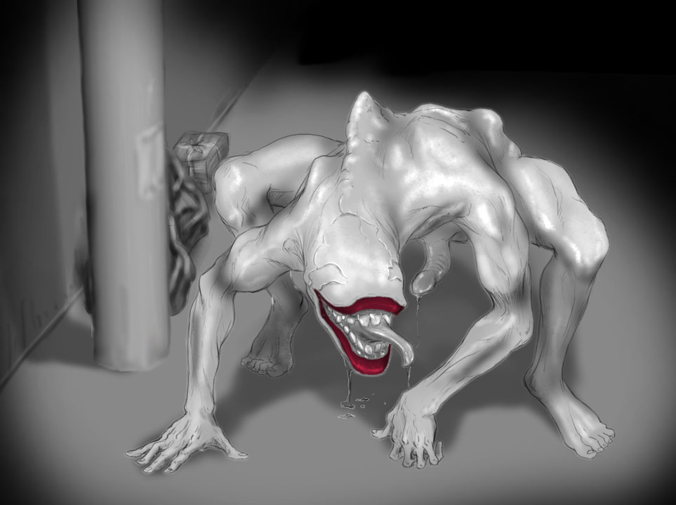 meguro fukuzou, mass production eva, neon genesis evangelion, creepy, drooling, greyscale, horror (theme), male focus, monochrome, no humans, nude, penis, public indecency, red lips, saliva, spot color, tongue, what, zenra