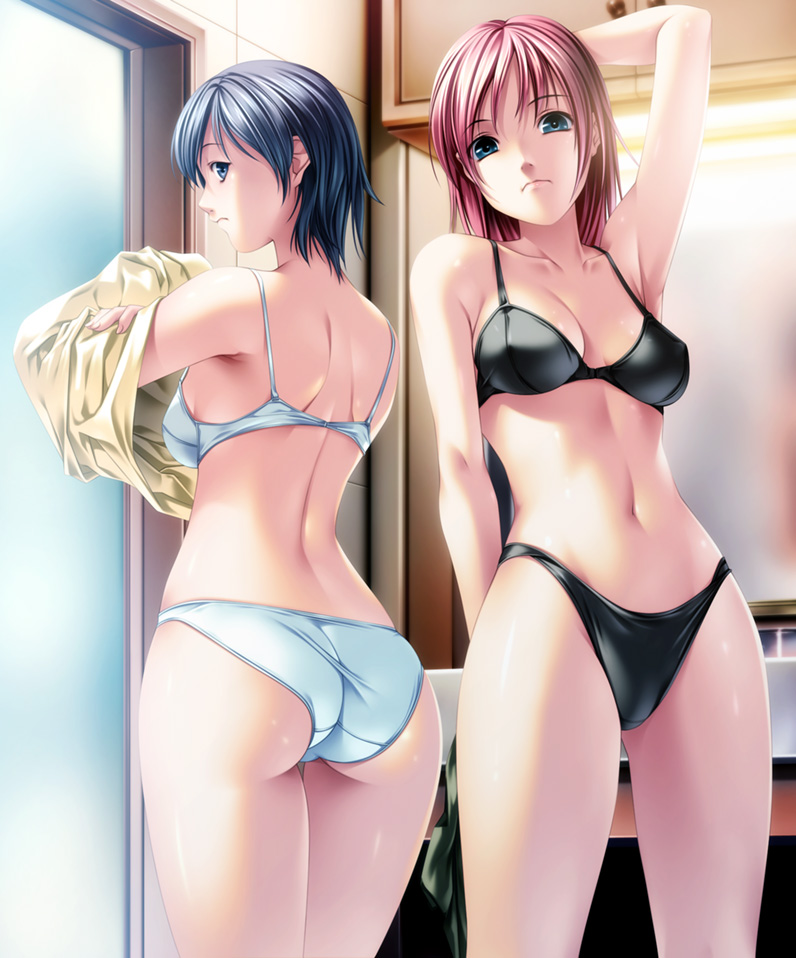 rezi, original, 2girls, armpits, arms up, ass, back, bare shoulders, black bra, black panties, blue eyes, blue hair, bra, breasts, lingerie, lips, long hair, looking back, multiple girls, navel, panties, red hair, short hair, underwear, underwear only, undressing