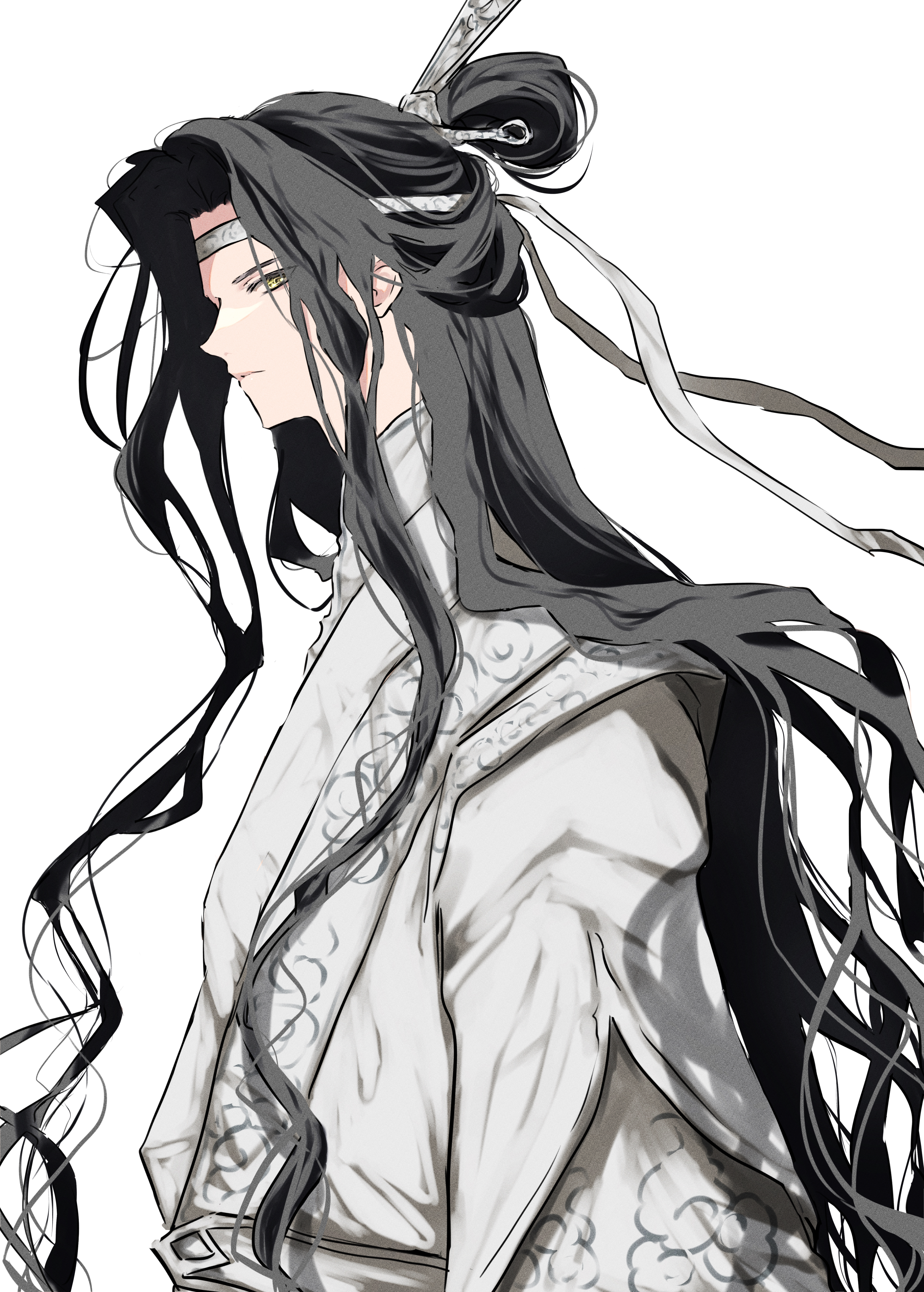 naruse (kmk648), lan wangji, modao zushi, absurdres, highres, 1boy, black hair, chinese clothes, closed mouth, from side, hair ribbon, half updo, hanfu, headband, long hair, long sleeves, looking at viewer, male focus, profile, ribbon, robe, sash, sidelocks, sideways glance, simple background, solo, topknot, upper body, very long hair, white background, white hanfu, white headband, wide sleeves, xiao guan (headdress), yellow eyes