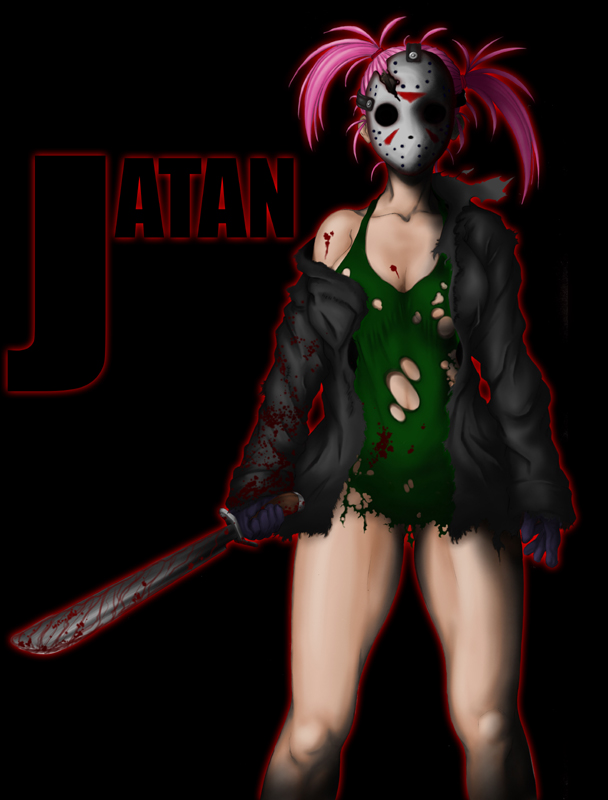 tetsu mukuro, jason voorhees, friday the 13th, 1girl, blood, breasts, cleavage, cosplay, female focus, gloves, hockey mask, jason voorhees (cosplay), legs, machete, mask, medium breasts, muscular, pink hair, short hair, solo, thighs, torn clothes, twintails, weapon