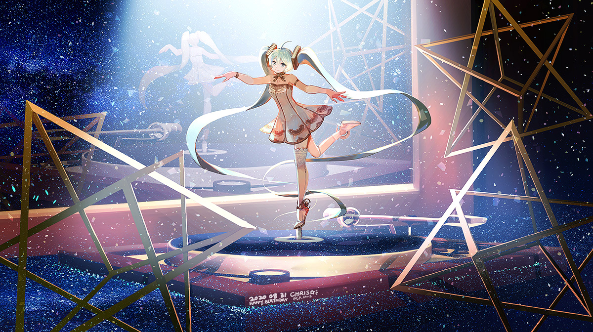 chris4708, gramophone miku, hatsune miku, miku symphony (vocaloid), vocaloid, gold armlet, commentary request, 1girl, absurdly long hair, ahoge, armlet, asymmetrical legwear, ballerina, ballet slippers, bracelet, breasts, dress, gold bracelet, green eyes, green hair, jewelry, long hair, medium breasts, official alternate costume, official alternate hairstyle, single thighhigh, smile, solo, standing, standing on one leg, strapless, strapless dress, thighhighs, twintails, very long hair, white dress, white thighhighs