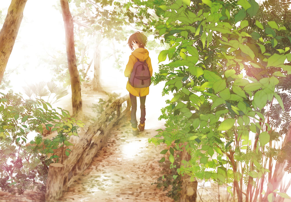 nagi kanami, original, bookbag, bad id, bad pixiv id, 1girl, bag, brown hair, female focus, hood, hoodie, looking back, plant, short hair, solo, tree, walking