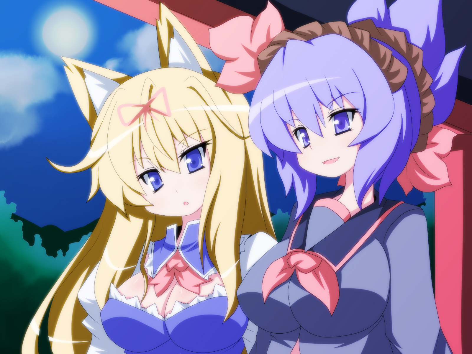 oborotsuki kakeru, yakumo yukari, yasaka kanako, touhou, highres, 2girls, alternate costume, alternate hairstyle, animal ears, blonde hair, blue eyes, blue hair, breasts, cleavage, female focus, fox ears, hairband, large breasts, long hair, matching hair/eyes, multiple girls, nature, plant, rope, school uniform, short hair, sky, upper body