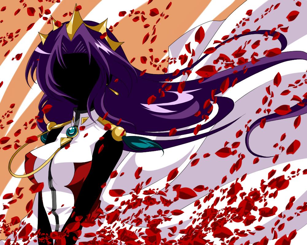 hal (goshujinomocha), hal (haruna), himemiya anthy, shoujo kakumei utena, shoujo kakumei utena adolescence mokushiroku, 1990s (style), 1girl, aiguillette, breasts, cape, crown, female focus, flower, jewelry, long hair, petals, retro artstyle, silhouette, solo, tiara