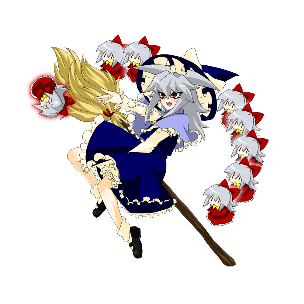 shimomoto, bakura ryou, hourai doll, kirisame marisa, yami bakura, touhou, yu-gi-oh!, yu-gi-oh! duel monsters, silver hair, bad id, bad pixiv id, > <, 1girl, broom, brown eyes, closed eyes, cosplay, doll, fang, female focus, hat, hourai (cosplay), kirisame marisa (cosplay), male focus, short hair, simple background, skirt, solo, tears, transparent background, witch, witch hat