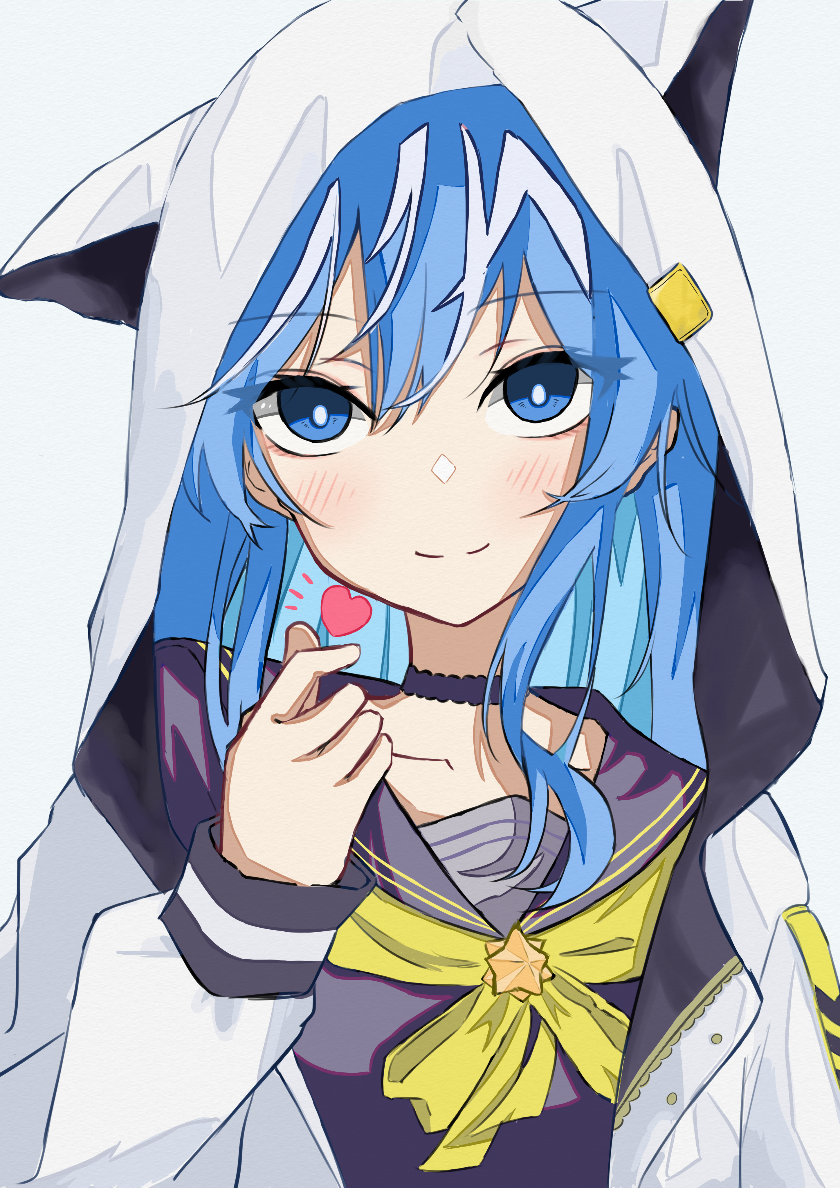 auhuheben17, hoshimachi suisei, hoshimachi suisei (sailor), hololive, absurdres, highres, 1girl, blue eyes, blue hair, hair between eyes, heart, hood, light blush, looking at viewer, official alternate costume, solo, upper body, virtual youtuber, white background