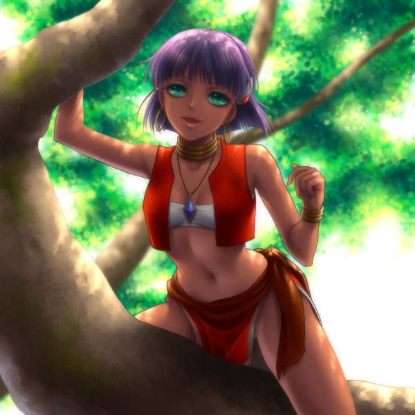 kayu, nadia la arwall, fushigi no umi no nadia, 1990s (style), 1girl, bandeau, bracelet, breasts, cleavage, dark-skinned female, dark skin, earrings, female focus, green eyes, hair ornament, hairclip, in tree, jewelry, loincloth, medium breasts, midriff, navel, neck ring, necklace, purple hair, retro artstyle, short hair, smile, solo, strapless, tree, tube top, vest