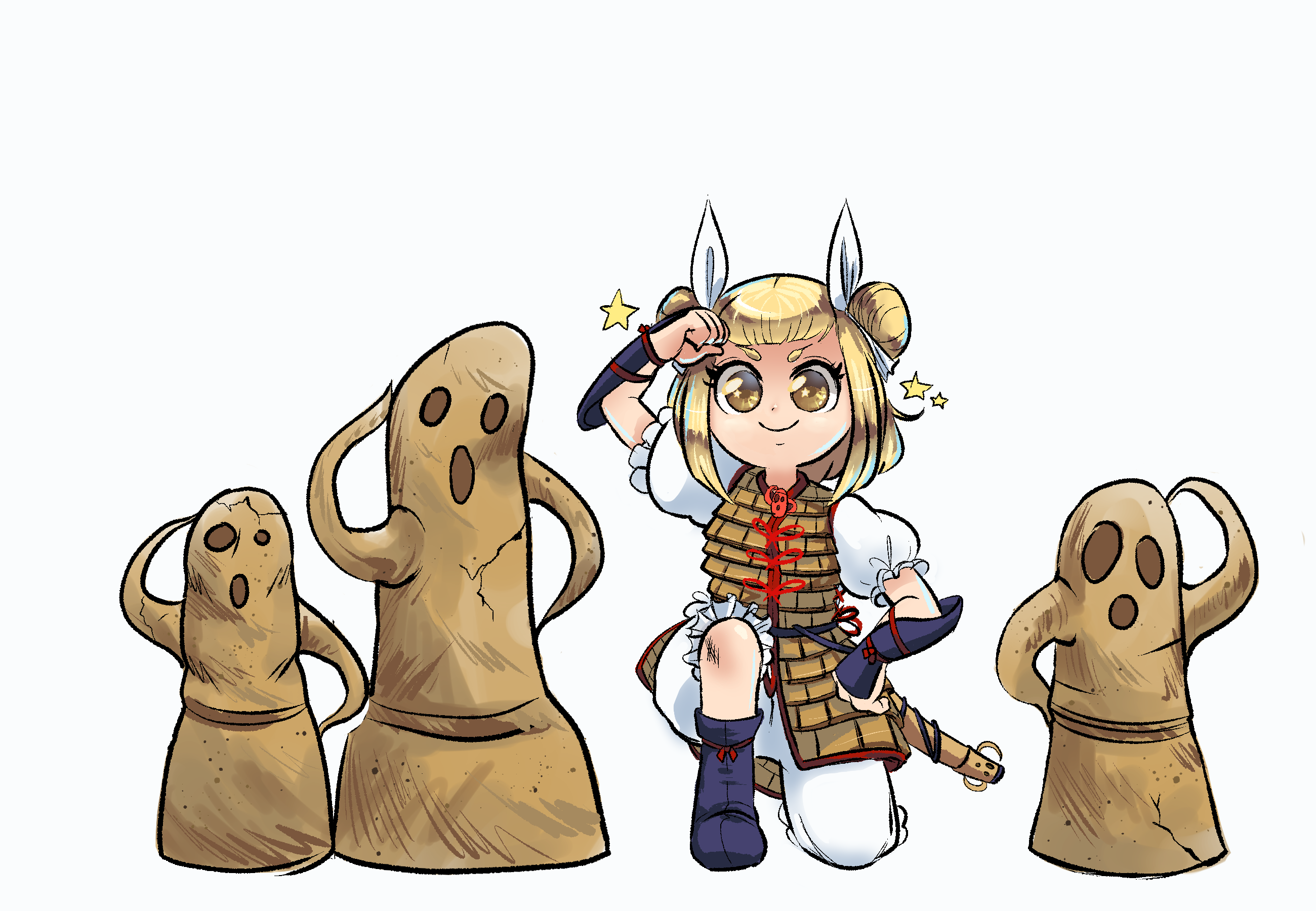joutouguu mayumi, touhou, highres, + +, 1girl, arm up, armor, armored dress, blonde hair, bloomers, boots, clenched hand, crack, double bun, dress, frills, hair bun, hair ribbon, hand on own hip, haniwa (statue), lineup, looking at viewer, on one knee, puffy short sleeves, puffy sleeves, red ribbon, ribbon, scabbard, sculpture, sheath, short hair, short sleeves, simple background, smile, star (symbol), stardusthime, straight-on, underwear, vambraces, weapon, white background, white bloomers, white ribbon, yellow eyes