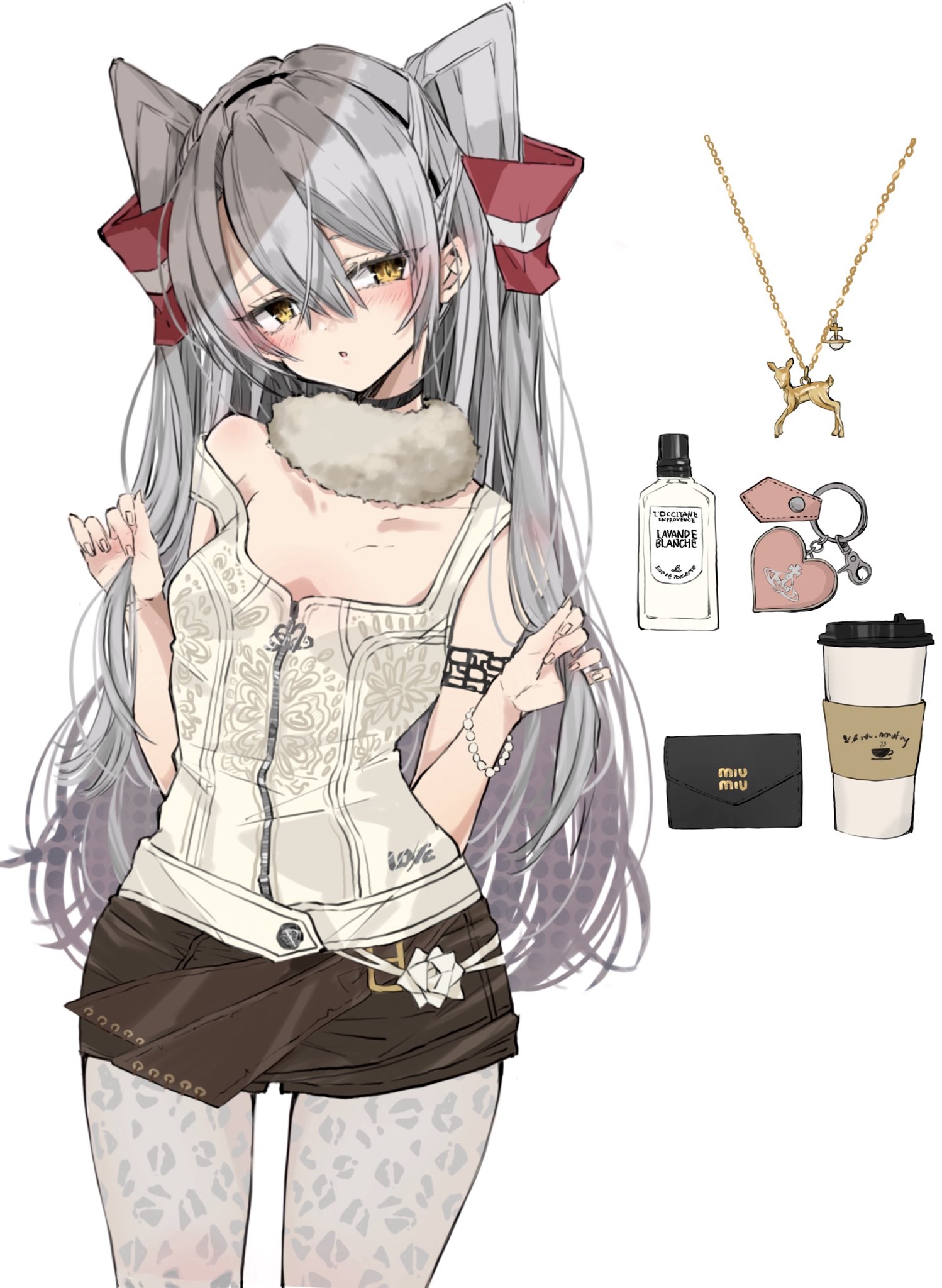 chigasaki yukari, amatsukaze (kancolle), kantai collection, highres, 1girl, alternate costume, bottle, breasts, brown eyes, brown shorts, camisole, cologne, cowboy shot, cup, disposable coffee cup, disposable cup, fur scarf, grey hair, hair tubes, jewelry, long hair, long shirt, necklace, pantyhose, scarf, shorts, simple background, small breasts, solo, strap slip, two side up, wallet, white background, white camisole, white pantyhose, white scarf