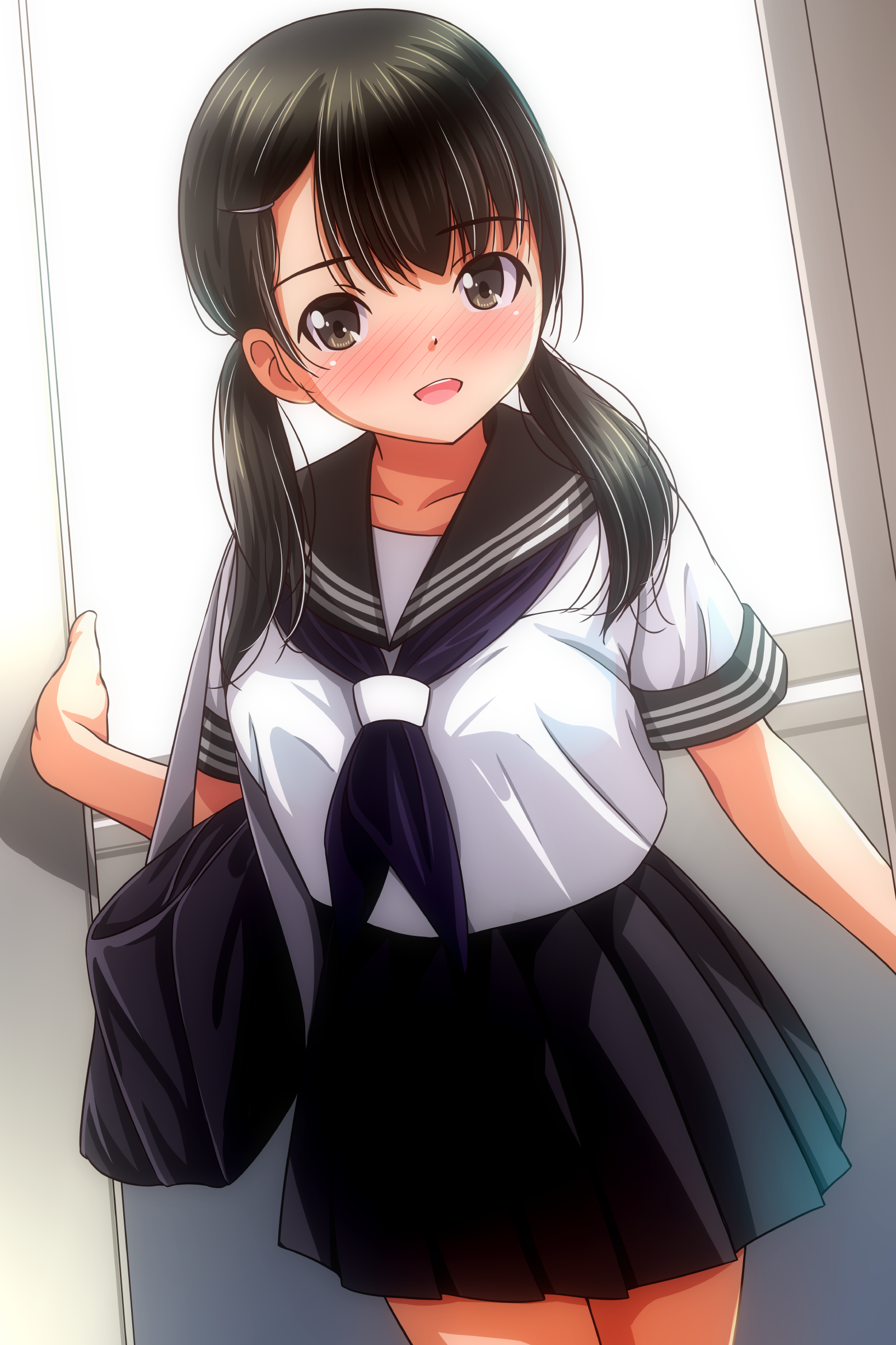 matsunaga kouyou, original, absurdres, commentary request, highres, 1girl, bag, black hair, black skirt, blush, breasts, looking at viewer, medium breasts, nose blush, open mouth, pleated skirt, sailor collar, school uniform, serafuku, skirt, solo, twintails