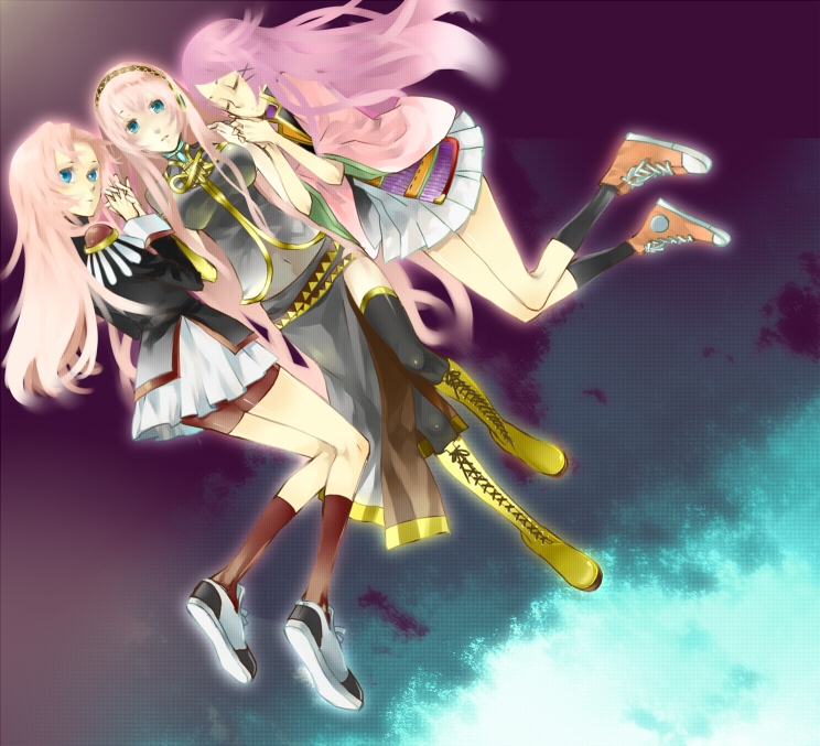 unabara goumou onzen (pixiv8505), kasuga nozomi, kawakami tomoko, megurine luka, tenjou utena, harukanaru toki no naka de, shoujo kakumei utena, vocaloid, bad id, bad pixiv id, 00s, 1990s (style), 3girls, blue eyes, boots, breasts, closed eyes, color connection, crossover, epaulettes, glowing, hairband, holding hands, knee boots, large breasts, long hair, long skirt, look-alike, multiple crossover, multiple girls, navel, pink hair, retro artstyle, shoes, side slit, skirt, sneakers, socks, thighhighs, very long hair, voice actor connection