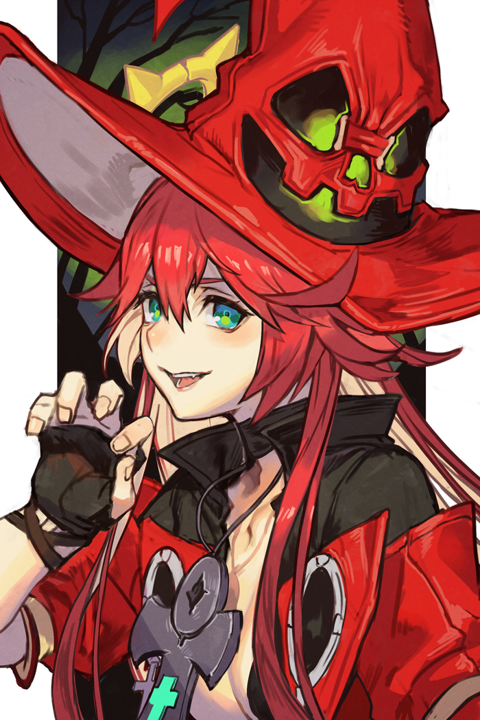 hungry clicker, i-no, jack-o' valentine, guilty gear, guilty gear strive, 1girl, ankh necklace, black gloves, broken halo, colored inner hair, cosplay, fingerless gloves, gloves, green eyes, halo, hat, i-no (cosplay), jacket, long hair, looking at viewer, multicolored hair, open mouth, red hair, red hat, red jacket, smile, solo, two-tone hair, white hair, witch hat