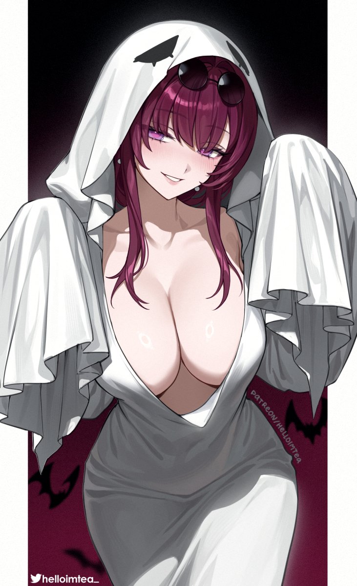 helloimtea, kafka (honkai: star rail), honkai: star rail, honkai (series), commentary, english commentary, highres, paid reward available, 1girl, artist name, blush, border, breasts, cleavage, collarbone, earrings, eyewear on head, ghost costume, ghost pose, glasses, gradient background, hair intakes, halloween costume, hands up, jewelry, large breasts, leaning forward, letterboxed, long hair, looking at viewer, naughty face, no bra, parted lips, pince-nez, purple background, purple eyes, purple hair, round eyewear, sheet ghost, sidelocks, smile, solo, sunglasses, twitter username, white border