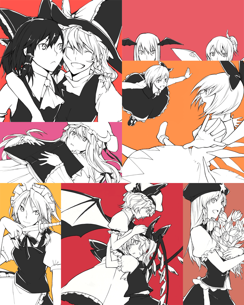 nakatani, cirno, daiyousei, flandre scarlet, hakurei reimu, hong meiling, izayoi sakuya, kirisame marisa, koakuma, patchouli knowledge, remilia scarlet, rumia, embodiment of scarlet devil, touhou, 6+girls, bat wings, book, braid, china dress, chinese clothes, detached sleeves, dress, flower, hair ribbon, hairband, hat, head wings, japanese clothes, knife, long hair, miko, monochrome, multiple girls, orange background, pink background, ponytail, purple background, red background, ribbon, short hair, side ponytail, simple background, twin braids, wings, witch, witch hat, yellow background