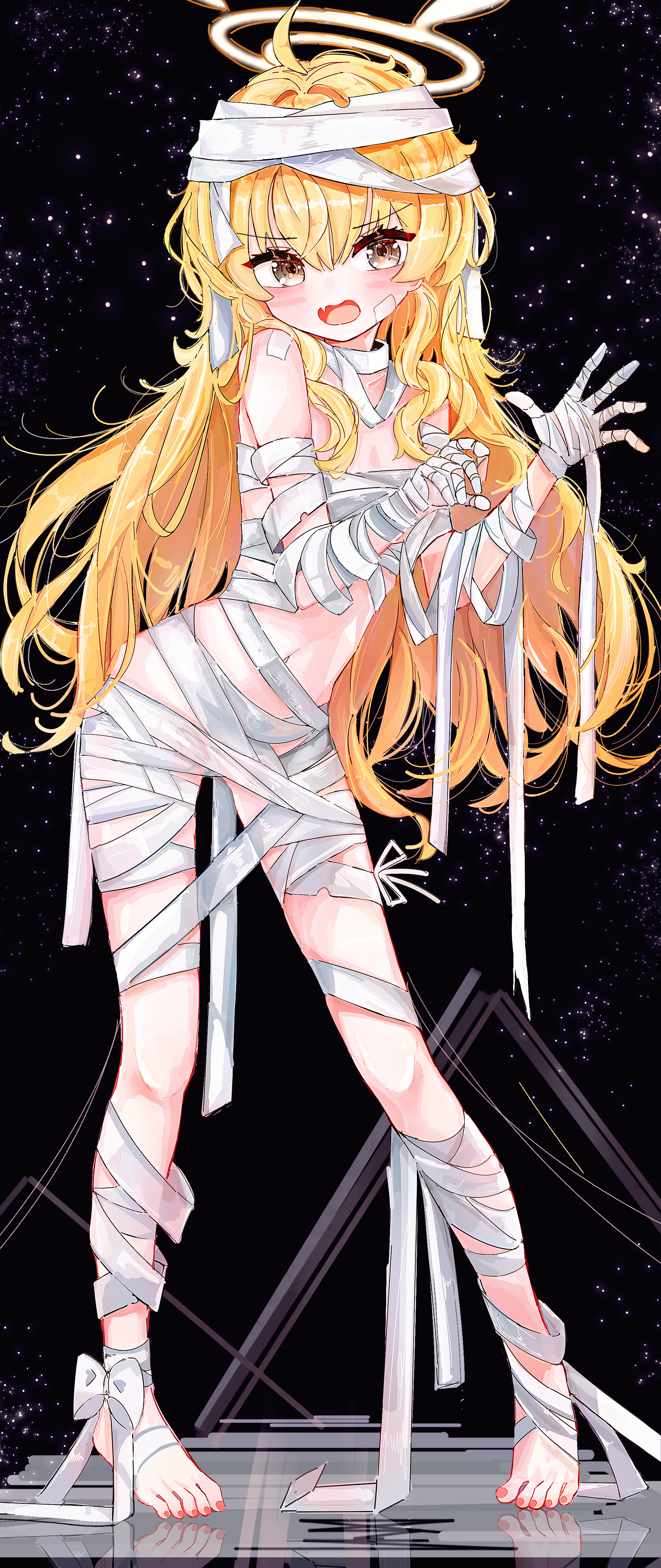 a1u, yoshimi (blue archive), yoshimi (halloween) (blue archive), blue archive, absurdres, commentary, highres, 1girl, bandages, blonde hair, blush, breasts, full body, halo, long hair, open mouth, small breasts, solo