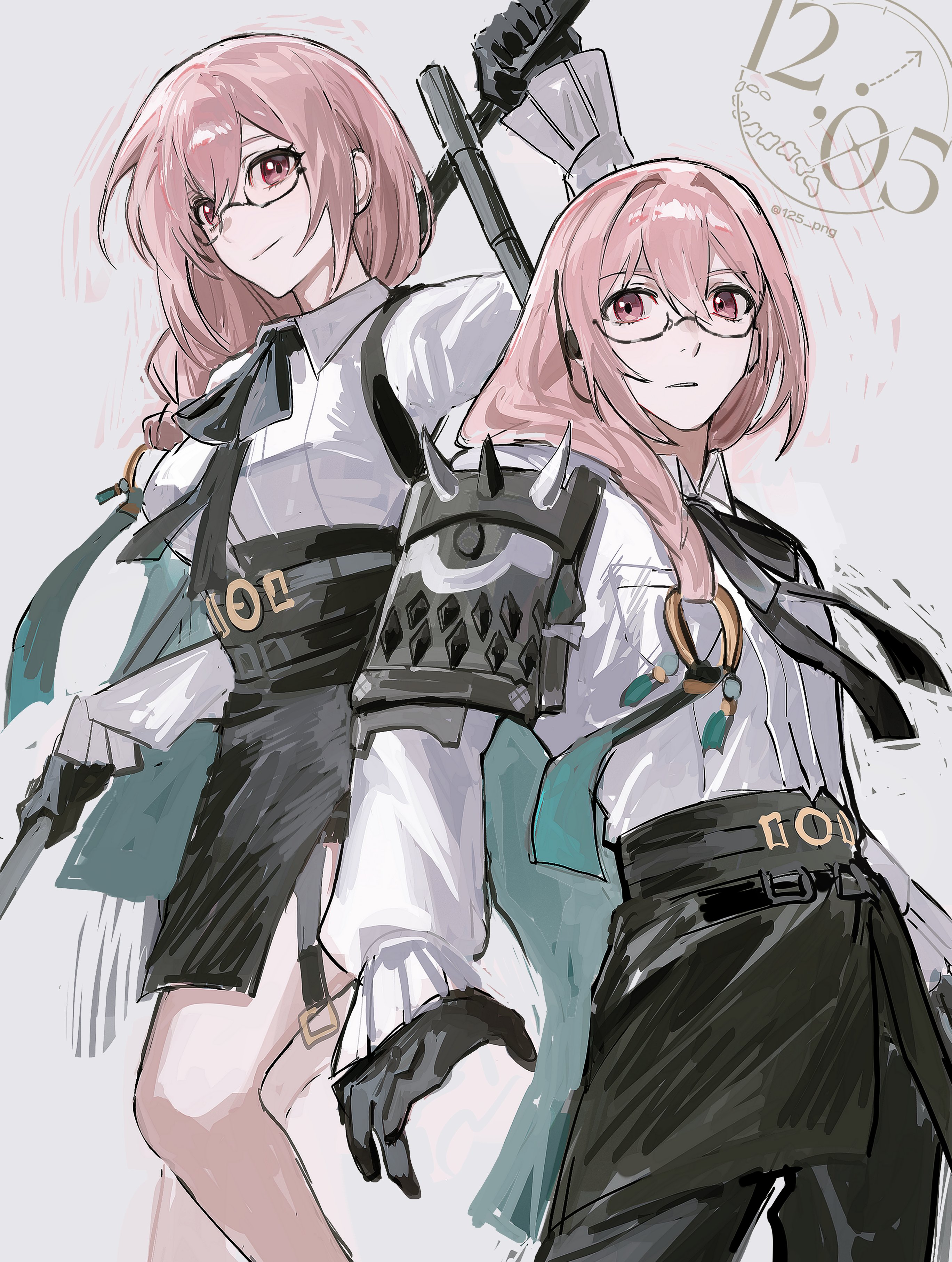 nongxy nonshi, tsukishiro yanagi, zenless zone zero, absurdres, hashtag-only commentary, highres, 1boy, 1girl, armor, artist logo, belt, black gloves, black neckerchief, black pants, black ribbon, black skirt, closed mouth, cowboy shot, feet out of frame, genderswap, genderswap (ftm), glasses, gloves, grey background, hair between eyes, headset, high-waist skirt, holding, holding behind back, holding weapon behind back, logo, long hair, looking at viewer, naginata, neckerchief, open mouth, pants, pencil skirt, pink eyes, pink hair, polearm, ribbon, ring hair ornament, shirt, shoulder armor, skirt, smile, twitter username, weapon, white shirt