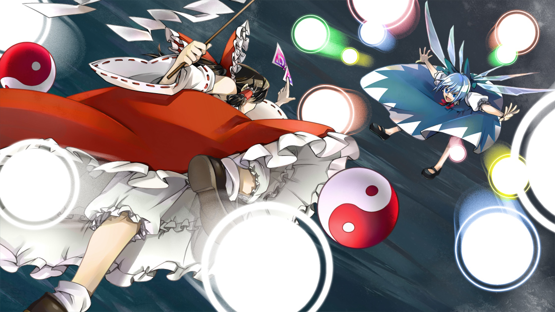 nakatani, cirno, hakurei reimu, embodiment of scarlet devil, touhou, 2girls, blue eyes, blue hair, brown hair, danmaku, detached sleeves, japanese clothes, miko, multiple girls, short hair, wings