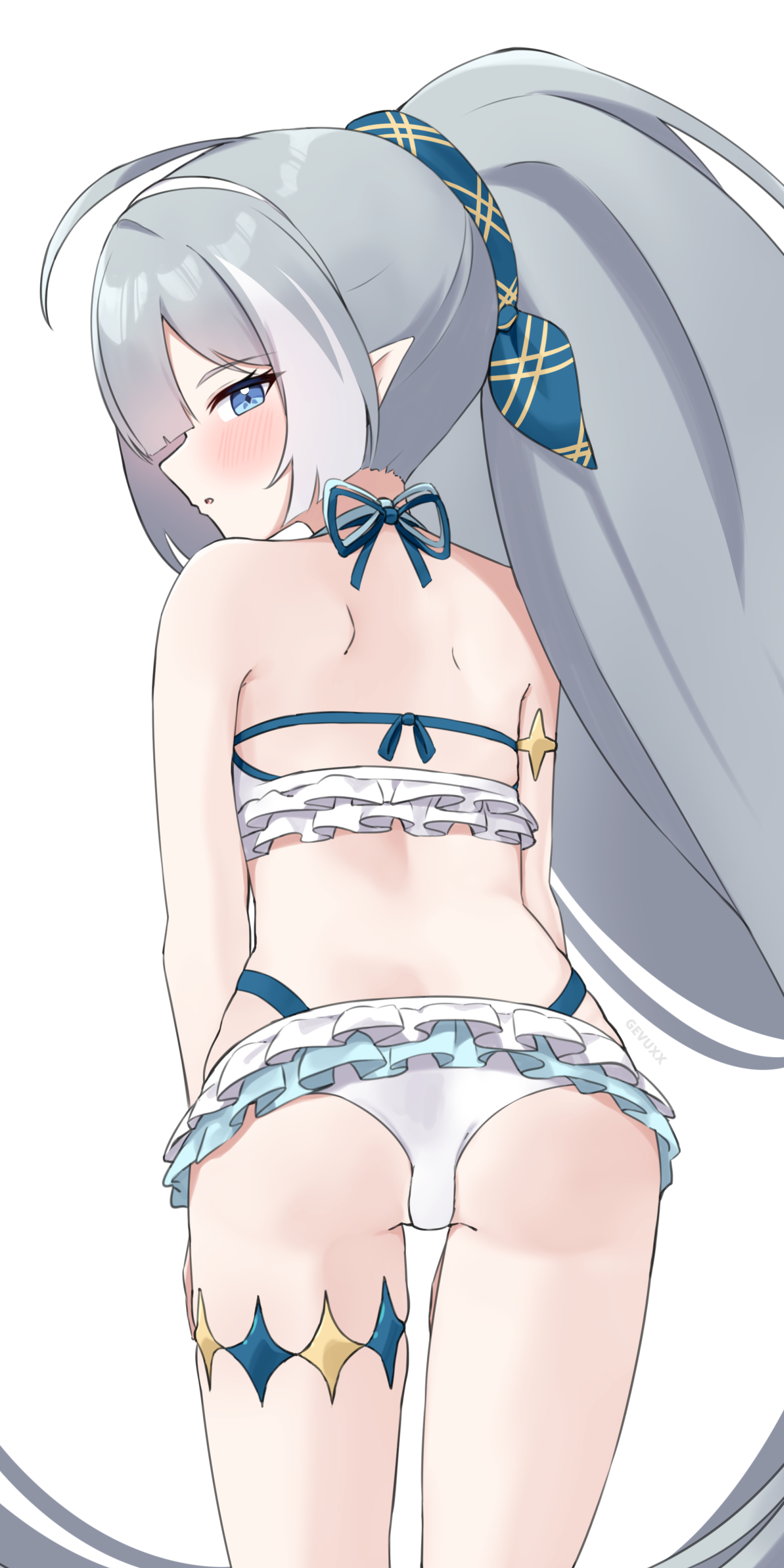 gevuxx, female tyrant (stella sora), tyrant (stella sora), stella sora, absurdres, commentary, english commentary, highres, 1girl, ass, bikini, blue eyes, blush, from behind, halterneck, long hair, looking at viewer, looking back, open mouth, pointy ears, ponytail, solo, swimsuit, very long hair, white bikini