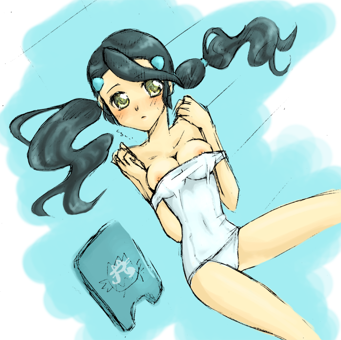 candice (pokemon), nintendo, pokemon, pokemon dppt, 00s, 1girl, black hair, breasts, female focus, gym leader, lying, medium breasts, navel, nipple slip, nipples, one-piece swimsuit, school swimsuit, short twintails, skin tight, solo, strap slip, swimsuit, twintails, white one-piece swimsuit, white school swimsuit, yellow eyes