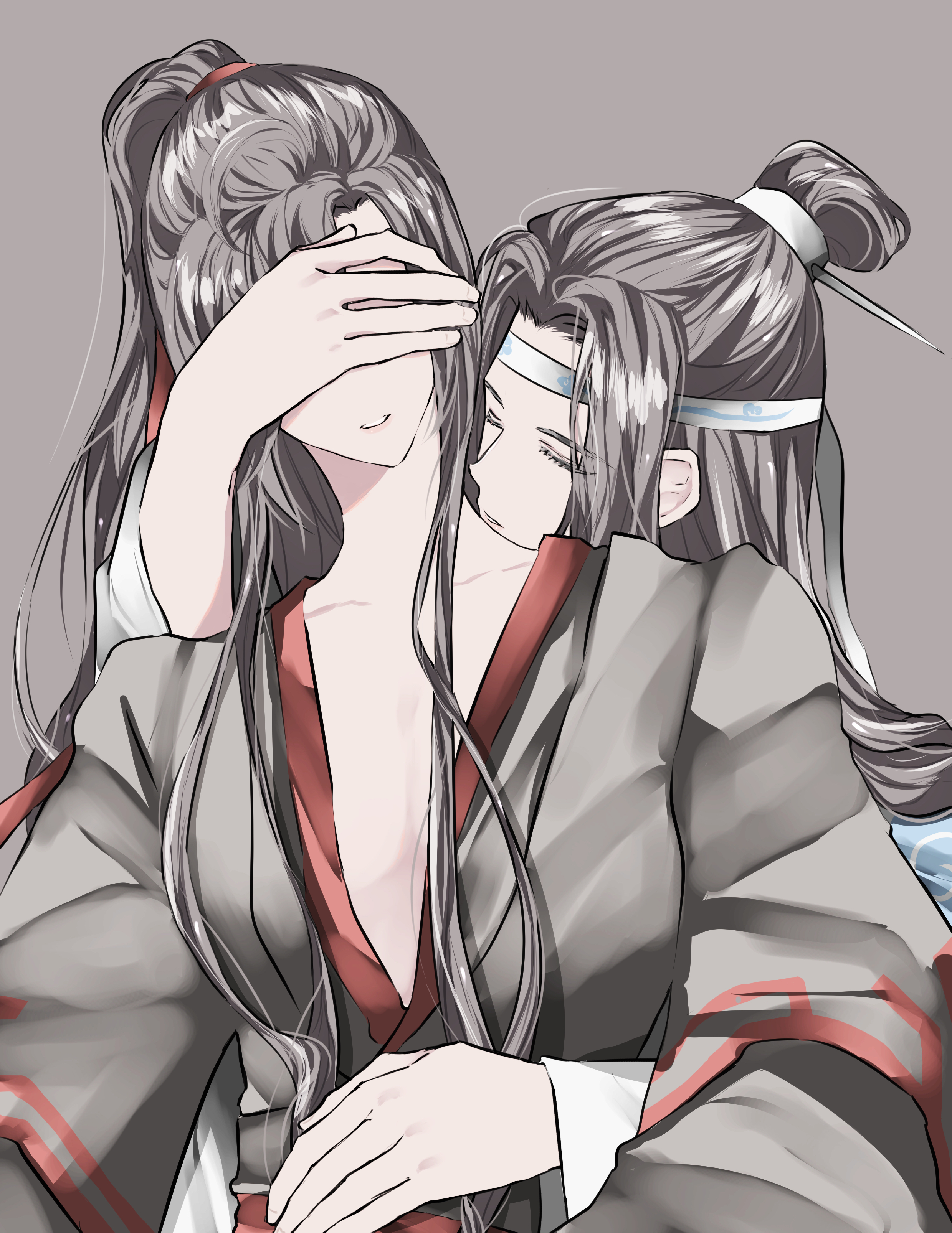 naruse (kmk648), lan wangji, wei wuxian, modao zushi, absurdres, highres, 2boys, black hair, black hanfu, chinese clothes, closed eyes, collarbone, couple, covered eyes, covering another's eyes, grey background, hair ribbon, hand on another's face, hanfu, headband, hug, hug from behind, kiss, kissing neck, long hair, long sleeves, male focus, multiple boys, parted lips, pectoral cleavage, pectorals, ponytail, red ribbon, red sash, ribbon, robe, sash, sidelocks, simple background, topknot, upper body, white hanfu, white headband, wide sleeves, xiao guan (headdress), yaoi