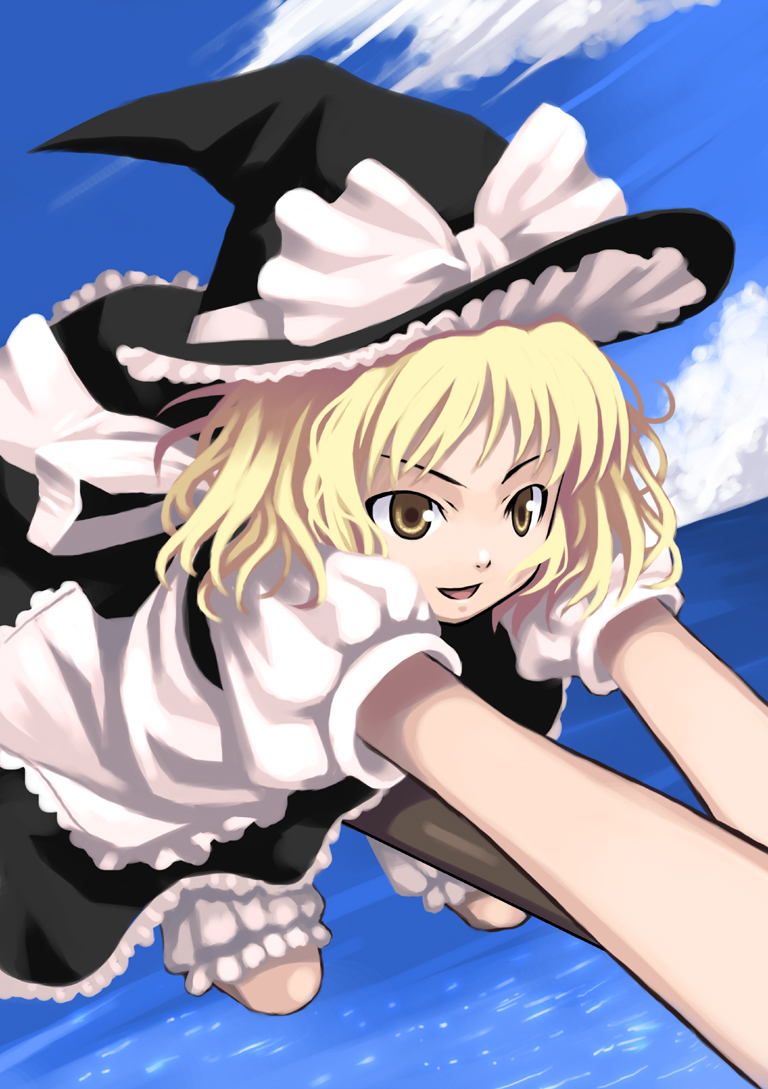 kagura mizuki, kirisame marisa, touhou, 1girl, blonde hair, broom, broom riding, female focus, flying, hat, ocean, ribbon, solo, water, witch, witch hat, yellow eyes