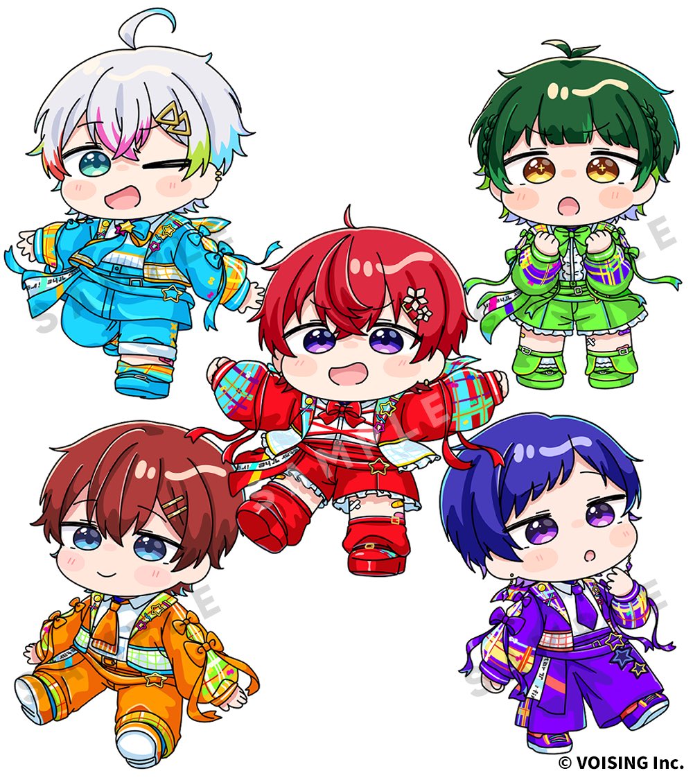 mochimiko, commentary request, official art, + +, 5boys, :d, :o, ;d, blue eyes, blue hair, blue jacket, blue pants, blue shoes, blush stickers, bow, brown eyes, brown hair, center frills, chibi, clenched hands, closed mouth, coe. (starlight polaris), frills, green bow, green hair, green jacket, green shoes, green shorts, grey hair, hair between eyes, hands up, jacket, kisaragi you (starlight polaris), kottaro (starlight polaris), kuni (starlight polaris), long sleeves, male focus, multicolored hair, multiple boys, necktie, one eye closed, open clothes, open jacket, open mouth, orange jacket, orange pants, orange shoes, pants, puffy long sleeves, puffy sleeves, purple eyes, purple hair, purple jacket, purple necktie, purple pants, purple shoes, red bow, red hair, red jacket, red shoes, red shorts, relu (starlight polaris), sample watermark, shirt, shoes, shorts, simple background, sleeves past wrists, smile, star (symbol), starlight polaris, streaked hair, v-shaped eyebrows, watermark, white background, white shirt
