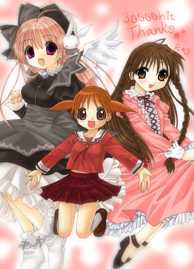 karen (sister princess), mihama chiyo, misha, misha (pita ten), azumanga daiou, pita ten, sister princess, 00s, 3girls, angel, animal ears, braid, brown eyes, brown hair, child, crossover, dress, jumping, long hair, multiple girls, pink hair, purple eyes, rabbit ears, ribbon, school uniform, serafuku, skirt, smile, twin braids, twintails, wings