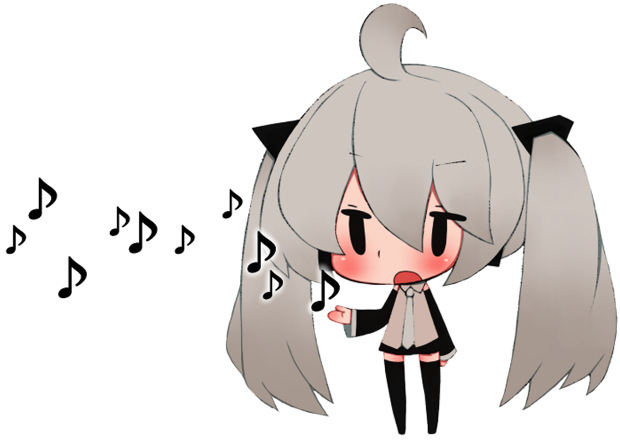 hatsune miku, yowane haku, vocaloid, bad id, bad pixiv id, 1girl, ahoge, alternate color, blush, chibi, detached sleeves, female focus, francium (vocaloid), grey hair, long hair, musical note, necktie, skirt, solo, thighhighs, twintails, very long hair, white background