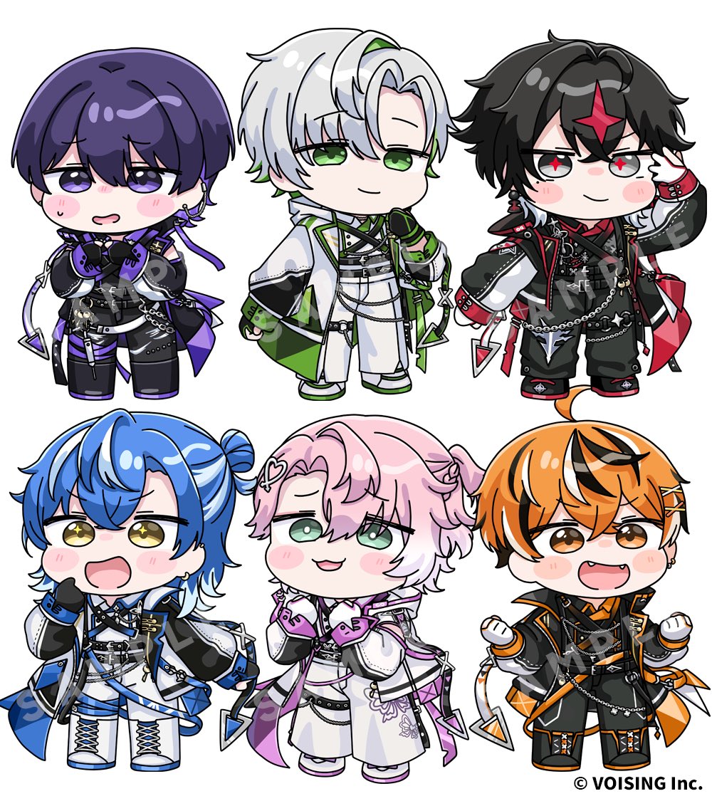 mochimiko, official art, 6+boys, amayume remu, arkhe, arm up, black boots, black gloves, black hair, black jacket, black pants, black shirt, black shoes, blue hair, boots, brown eyes, charlo (chrono reverse), chibi, chrono reverse, clenched hands, fingerless gloves, gloves, gradient hair, green eyes, green hair, grey eyes, grey hair, hand up, jacket, kaname (chrono reverse), lace-up boots, long sleeves, male focus, multicolored hair, multiple boys, orange hair, pants, pink hair, puffy long sleeves, puffy sleeves, purple eyes, purple hair, red hair, sample watermark, shino (chrono reverse), shirt, shoes, simple background, standing, streaked hair, two-tone hair, urumiya, watermark, white background, white boots, white gloves, white hair, white jacket, white pants, white shirt, white shoes